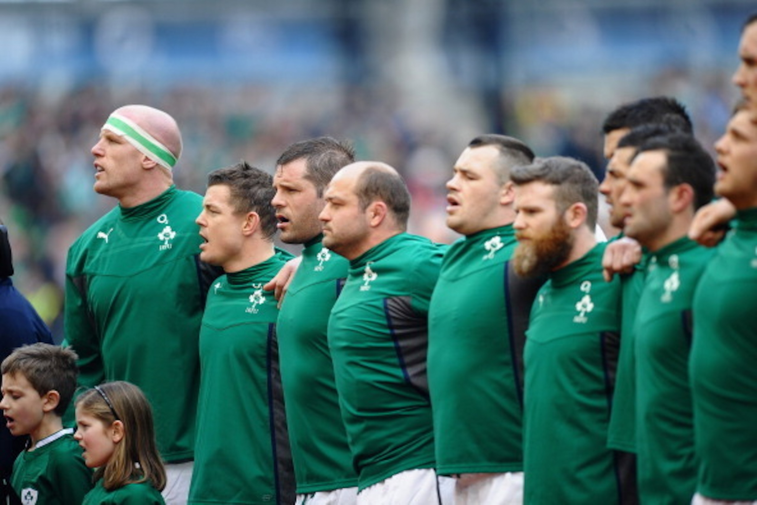 DUBLIN, IRELAND - MARCH 08:  The Ireland Team line up to sing the national anthem during the RBS Six Nations match between Ireland and Italy at Aviva Stadium on March 8, 2014 in Dublin, Ireland.  (Photo by Laurence Griffiths/Getty Images)