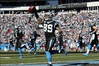 Jan 12, 2014; Charlotte, NC, USA; Carolina Panthers wide receiver Steve Smith (89) celebrates a touchdown against the San Francisco 49ers during the first half of the 2013 NFC divisional playoff football game at Bank of America Stadium. Mandatory Credit: Jan 12, 2014; Charlotte, NC, USA; Carolina Panthers wide receiver Steve Smith (89) celebrates a touchdown against the San Francisco 49ers during the first half of the 2013 NFC divisional playoff football game at Bank of America Stadium. Mandatory Credit: