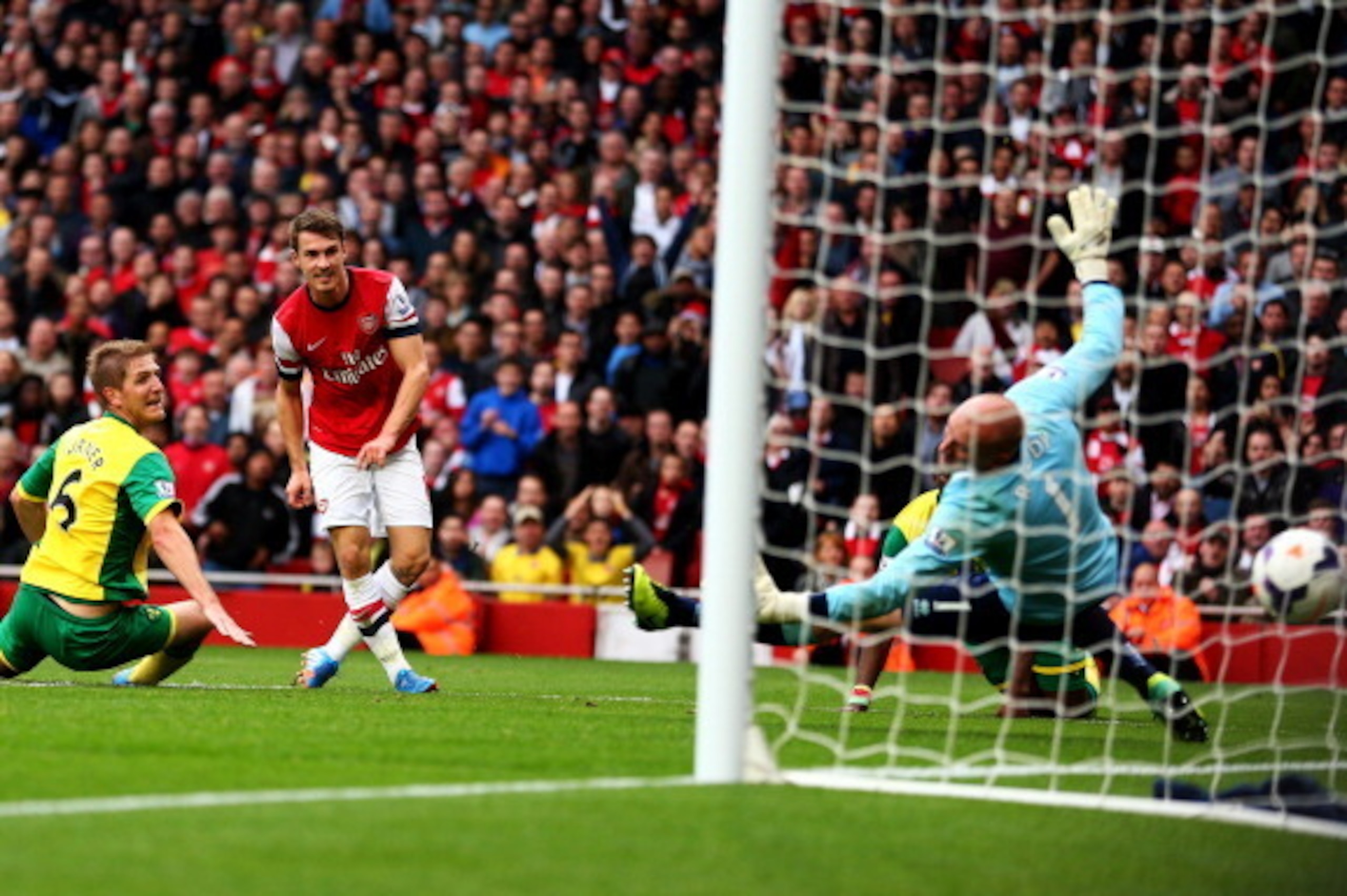 LONDON, ENGLAND - OCTOBER 19:  Aaron Ramsey of Arsenal (C) shoots past goalkeeper John Ruddy of Norwich City to score their third goal during the Barclays Premier League match between Arsenal and Norwich City at Emirates Stadium on October 19, 2013 in Lon