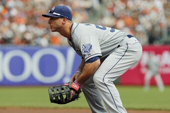 SAN FRANCISCO, CA - SEPTEMBER 29:  First baseman Tommy Medica #54 of the San Diego Padres prepares for a pitch against the San Francisco Giants in the second inning at AT&T Park on September 29, 2013 in San Francisco, California.  The Giants won 7-6 with 