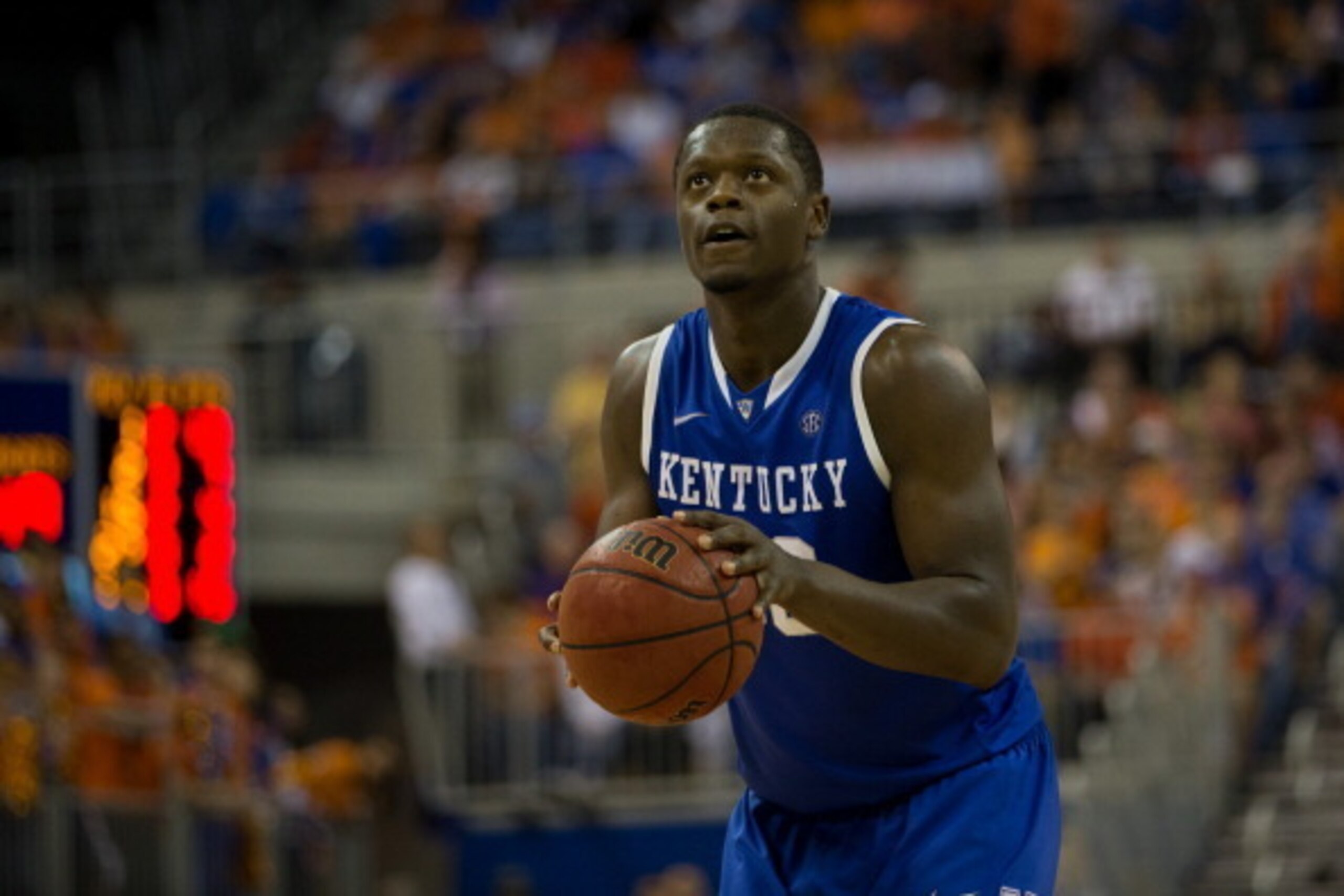 GAINESVILLE, FL - MARCH 08: Julius Randle #30 of the Kentucky Wildcats shoots the ball during the second half of the game against the Florida Gators at the Stephen C. O'Connell Center on March 8, 2014 in Gainesville, Florida. (Photo by Rob Foldy/Getty Ima