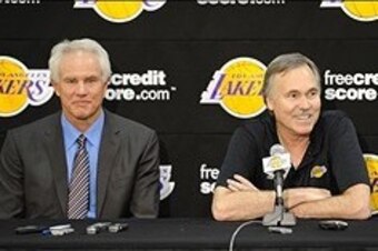 November 15, 2012; El Segundo, CA, USA;    Los Angeles Lakers general manager Mitch Kupchak (left) sits next to new head coach Mike D'Antoni during a press conference at the training facility in El Segundo.  Mandatory Credit: Jayne Kamin-Oncea-USA TODAY S