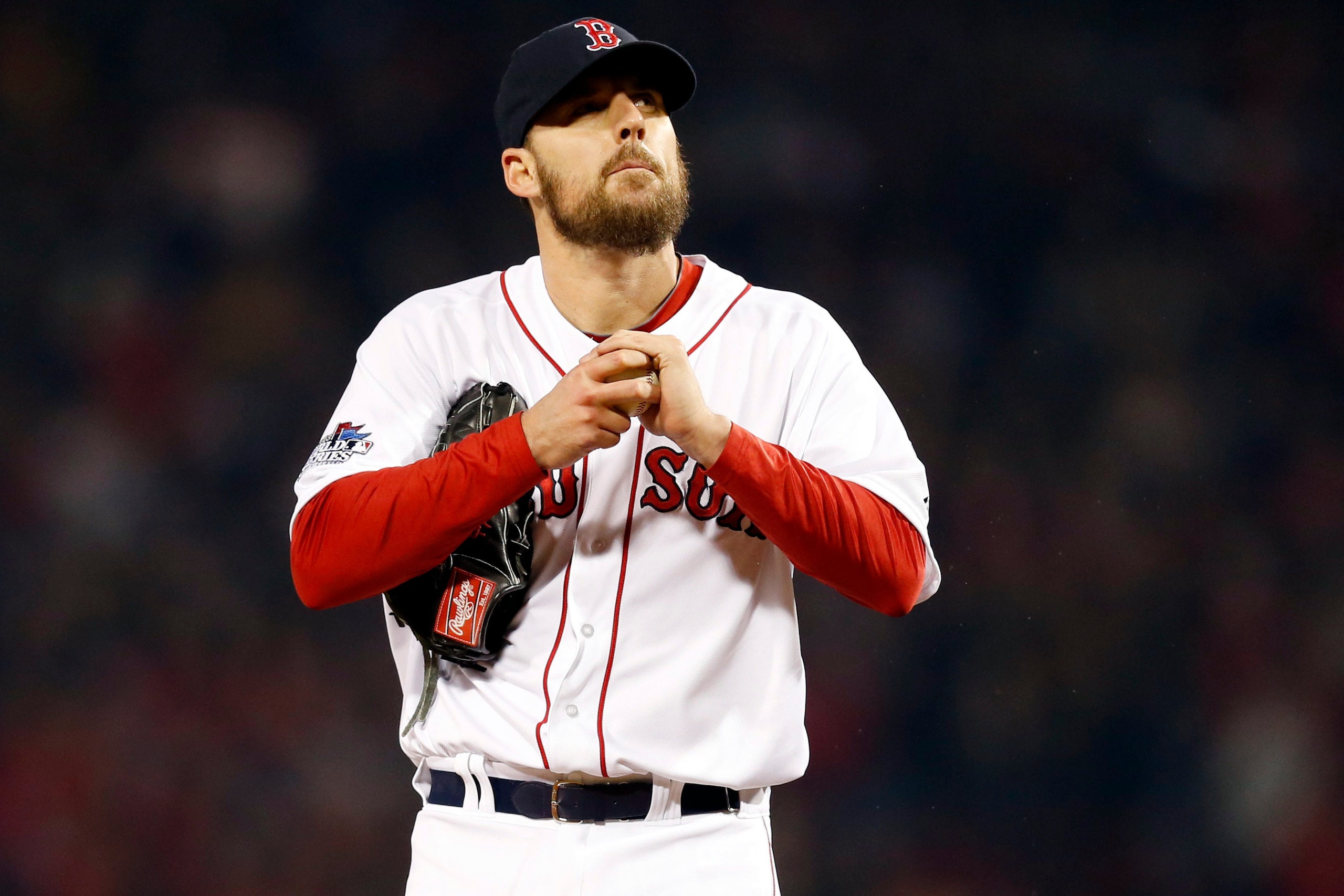 Oct 30, 2013; Boston, MA, USA; Boston Red Sox starting pitcher John Lackey (41) reacts during the fifth inning of game six of the MLB baseball World Series against the St. Louis Cardinals at Fenway Park. Mandatory Credit: Greg M. Cooper-USA TODAY Sports Oct 30, 2013; Boston, MA, USA; Boston Red Sox starting pitcher John Lackey (41) reacts during the fifth inning of game six of the MLB baseball World Series against the St. Louis Cardinals at Fenway Park. Mandatory Credit: Greg M. Cooper-USA TODAY Sports