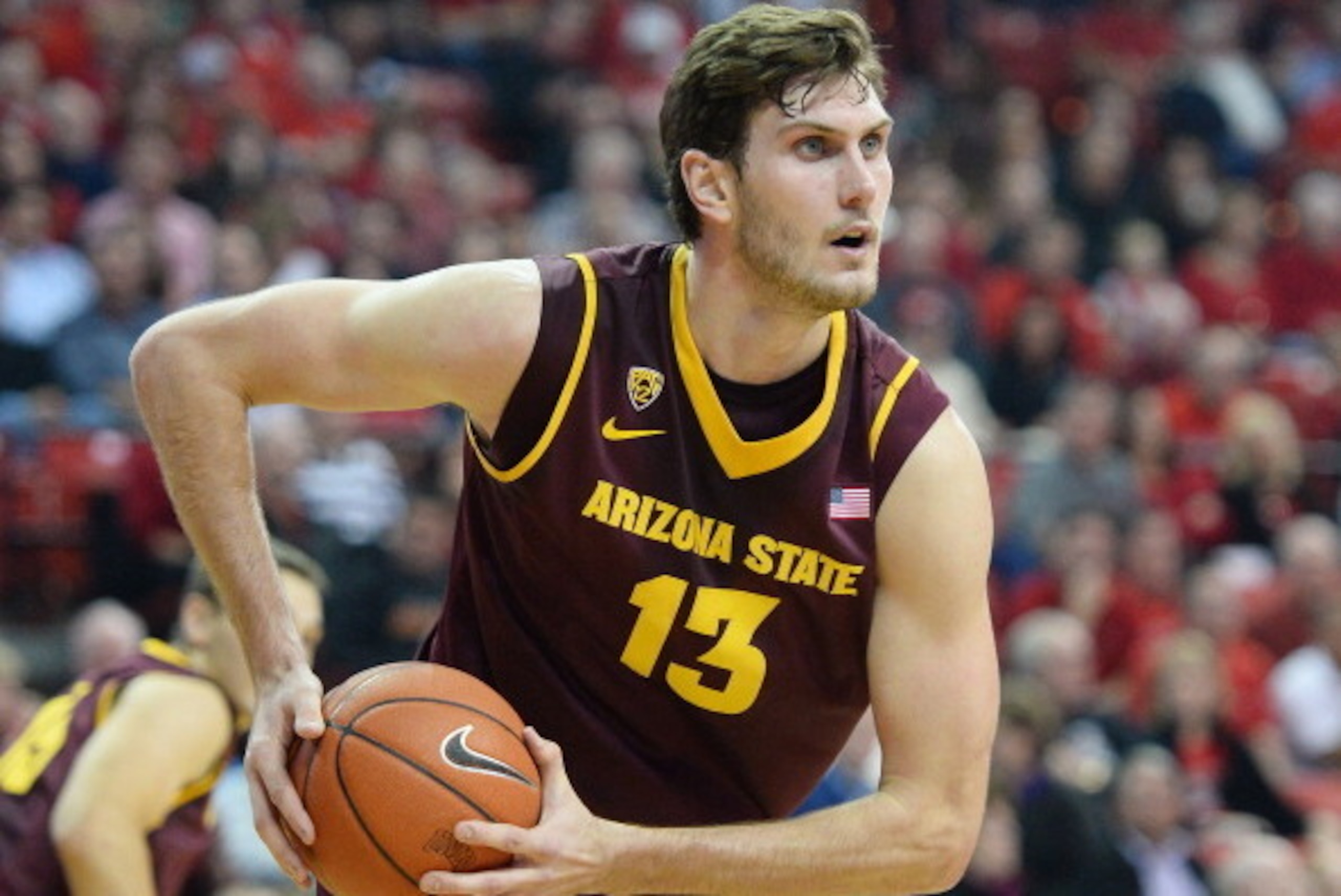LAS VEGAS, NV - NOVEMBER 19:  Jordan Bachynski #13 of the Arizona State Sun Devils grabs a rebound during a game against the UNLV Rebels at the Thomas & Mack Center on November 19, 2013 in Las Vegas, Nevada. Arizona State won 86-80.  (Photo by Ethan Mille