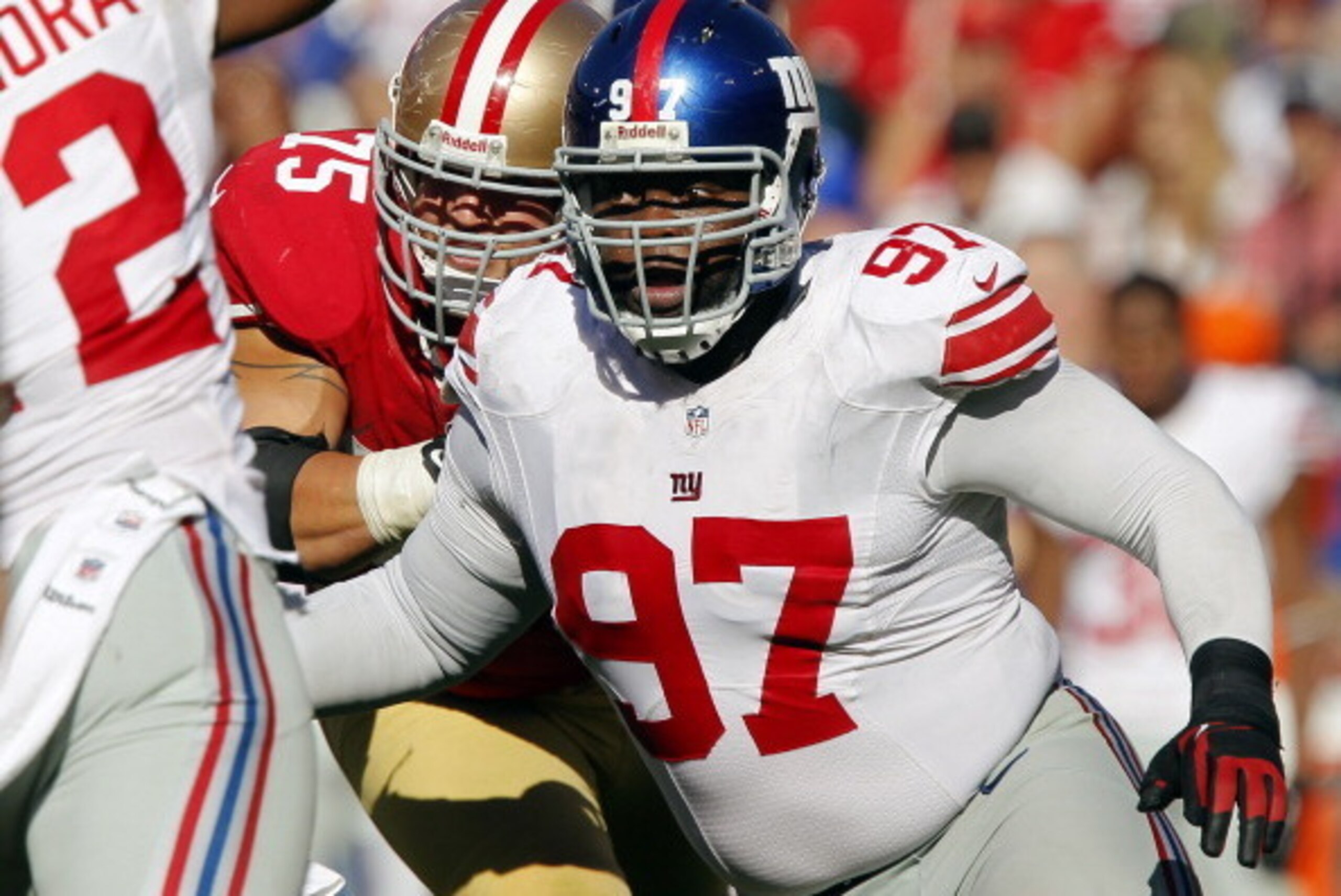 SAN FRANCISCO, CA - OCTOBER 14:  Defensive tackle Linval Joseph #97 of the New York Giants works against the San Francisco 49ers in the third quarter on October 14, 2012 at Candlestick Park in San Francisco, California.  The Giants won 26-3. (Photo by Bri