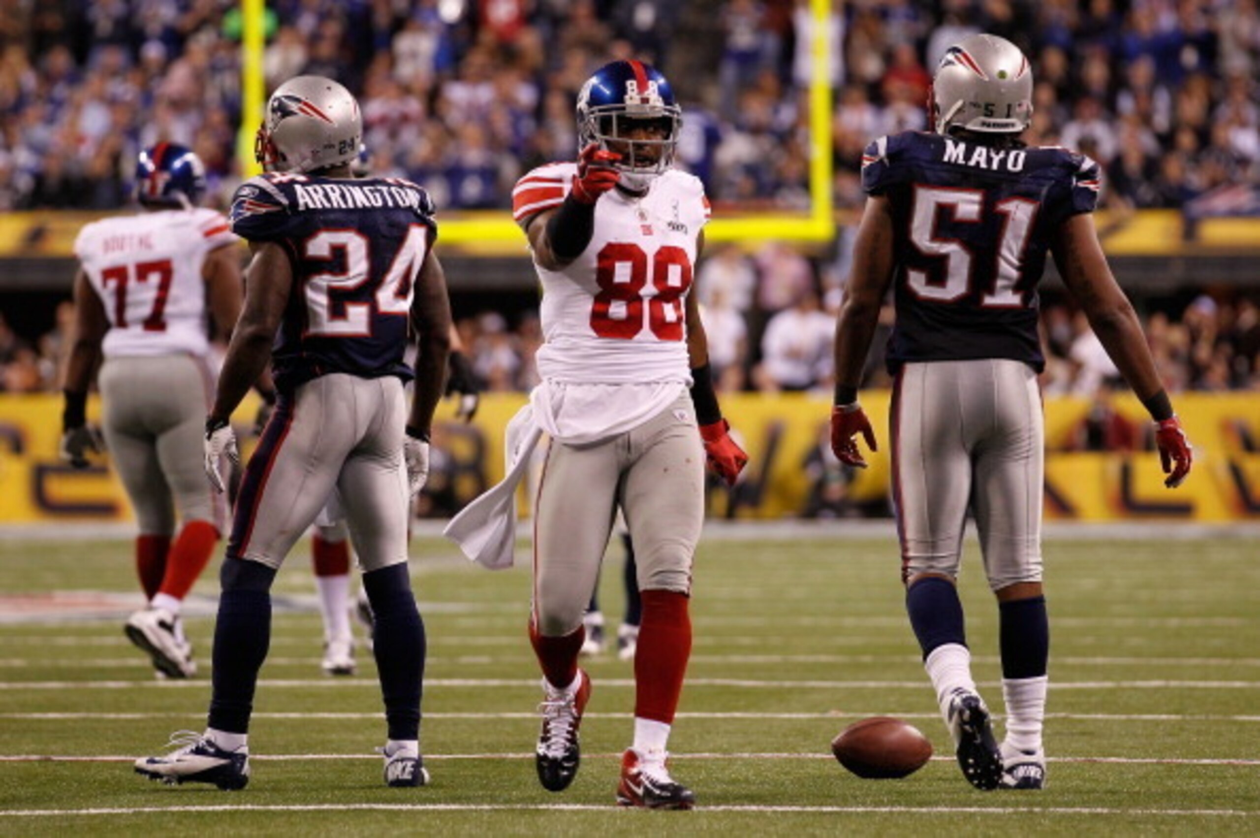 INDIANAPOLIS, IN - FEBRUARY 05:  Hakeem Nicks #88 of the New York Giants celebrates after a first down against the New England Patriots in the fourth quarter during Super Bowl XLVI at Lucas Oil Stadium on February 5, 2012 in Indianapolis, Indiana.  (Photo