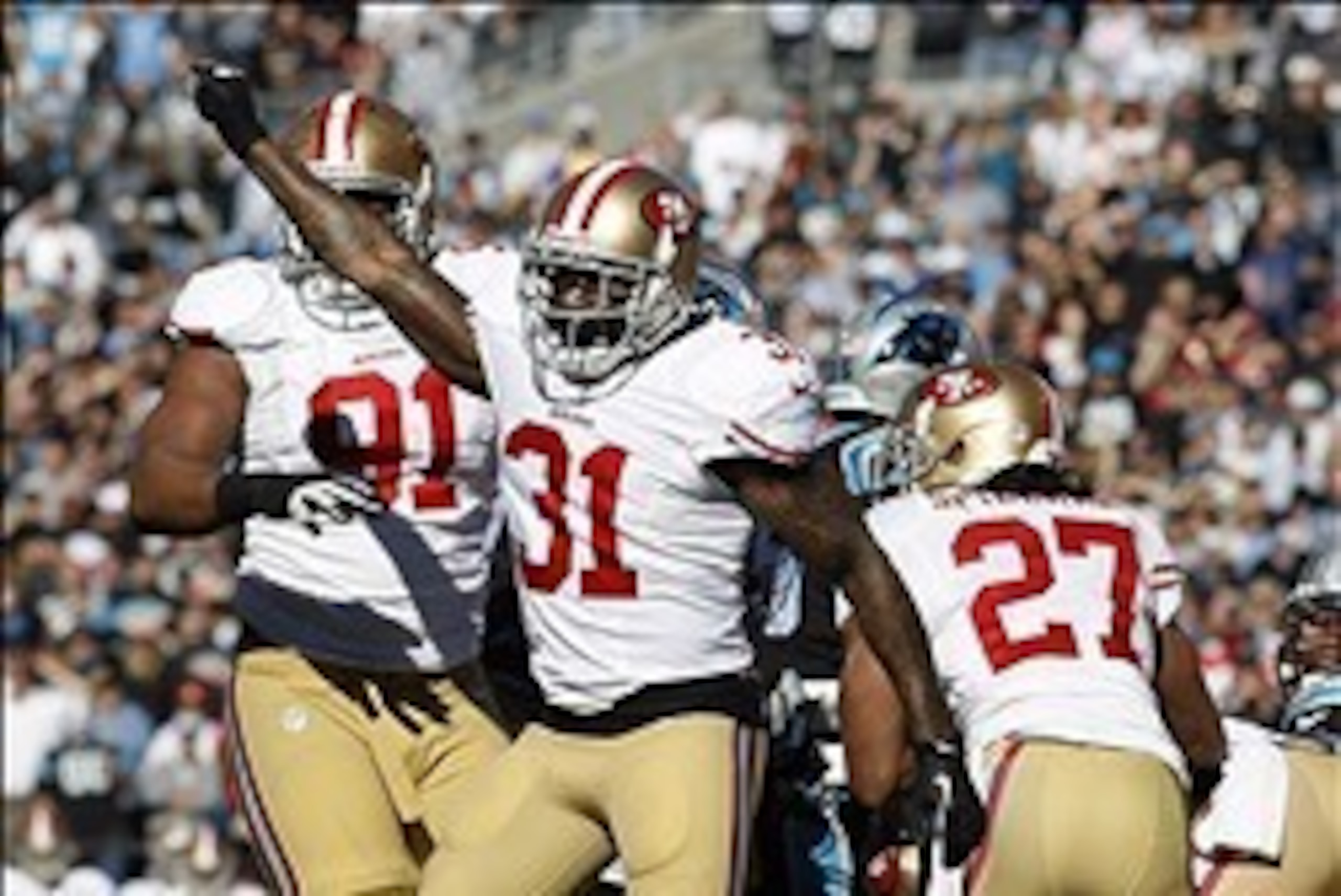 Jan 12, 2014; Charlotte, NC, USA; San Francisco 49ers strong safety Donte Whitner (31) reacts after a defensive stop against the Carolina Panthers at the goal line during the first half of the 2013 NFC divisional playoff football game at Bank of America S