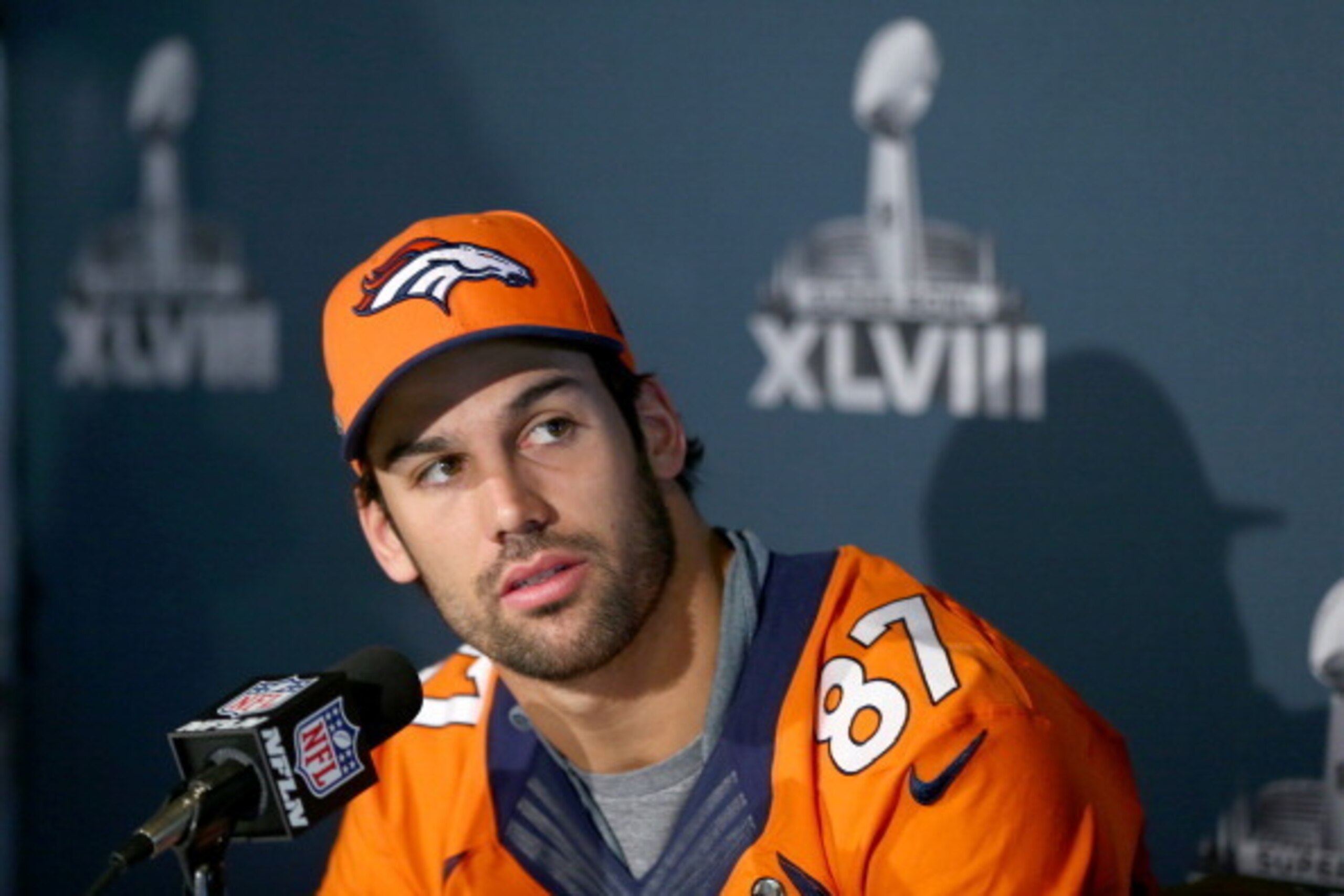 JERSEY CITY, NJ - JANUARY 30:  Eric Decker #87 of the Denver Broncos addresses the media during Super Bowl XLVIII media availability on January 30, 2014 in Jersey City, New Jersey. The Denver Broncos and Seattle Seahawks will meet in Super Bowl XLVIII at 