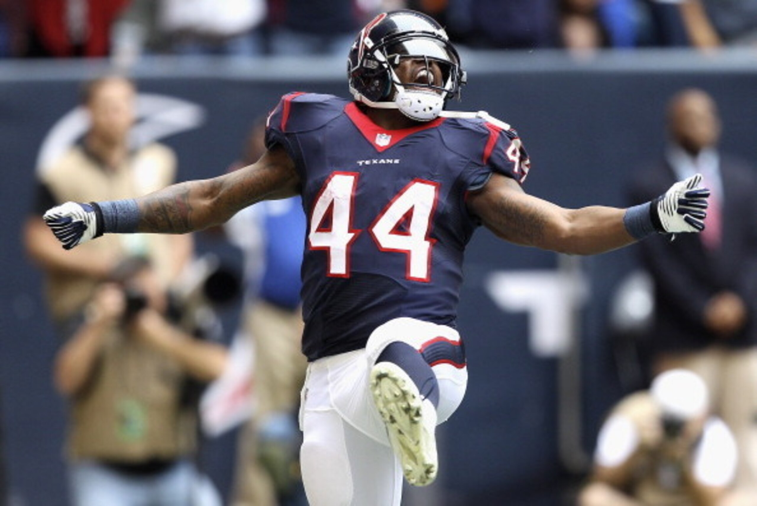 HOUSTON, TX - DECEMBER 01:  Ben Tate #44 of the Houston Texans celebrates afte scoring on a 7 yard run in the first quarter against the New England Patriots at Reliant Stadium on December 1, 2013 in Houston, Texas.  (Photo by Bob Levey/Getty Images)