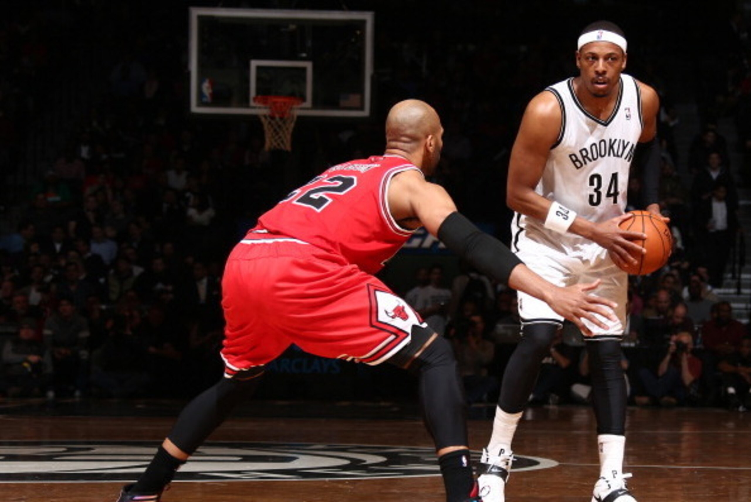 BROOKLYN, NY - MARCH 3: Paul Pierce #34 of the Brooklyn Nets prepares to drive against Taj Gibson #22 of the Chicago Bulls during a game at the Barclays Center on March 3, 2014 in the Brooklyn borough of New York City.  NOTE TO USER: User expressly acknow