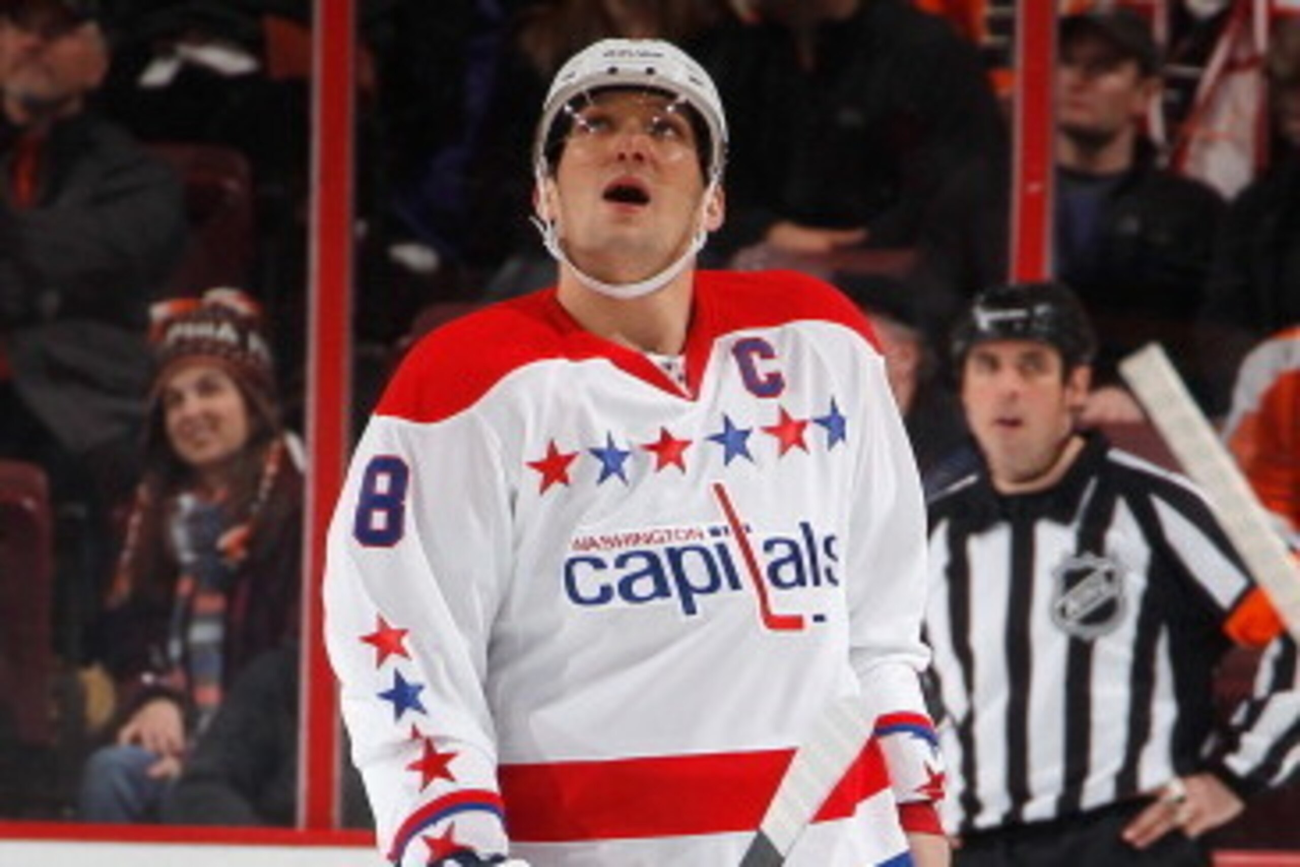 PHILADELPHIA, PA - DECEMBER 17:  Alex Ovechkin #8 of the Washington Capitals skates off the ice with his team losing after a shift late in the third period of an NHL hockey game against the Philadelphia Flyers at Wells Fargo Center on December 17, 2013 in