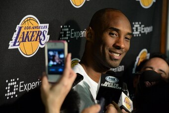 LOS ANGELES, CA - JANUARY 5: Kobe Bryant #24 of the Los Angeles Lakers speaks to the media before a game against the Denver Nuggets at STAPLES Center on January 5, 2013 in Los Angeles, California. NOTE TO USER: User expressly acknowledges and agrees that,