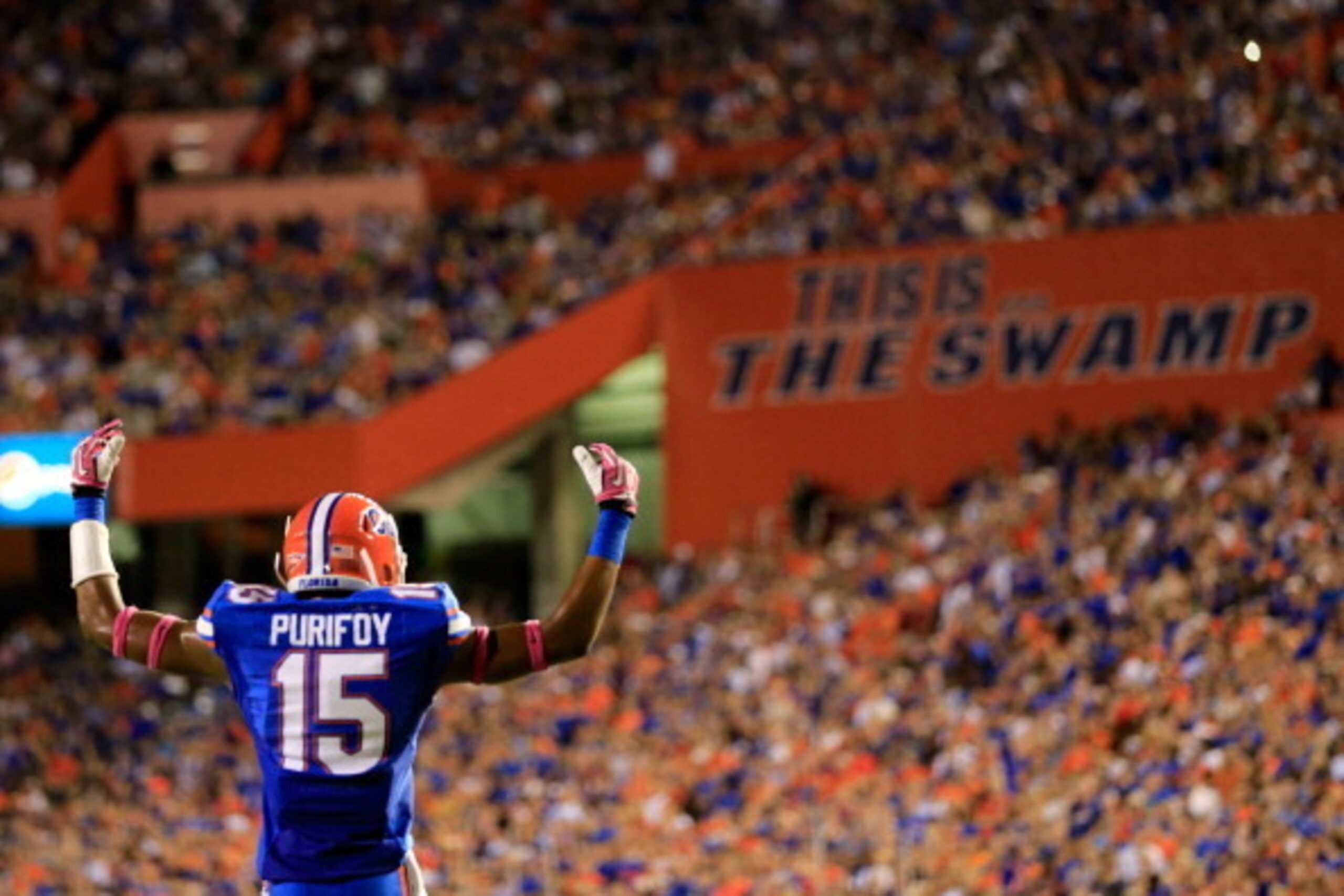 GAINESVILLE, FL - OCTOBER 05: Loucheiz Purifoy #15 of the Florida Gators asks the crowd for noise during the game against the Arkansas Razorbacks at Ben Hill Griffin Stadium on October 5, 2013 in Gainesville, Florida. (Photo by Sam Greenwood/Getty Image GAINESVILLE, FL - OCTOBER 05: Loucheiz Purifoy #15 of the Florida Gators asks the crowd for noise during the game against the Arkansas Razorbacks at Ben Hill Griffin Stadium on October 5, 2013 in Gainesville, Florida. (Photo by Sam Greenwood/Getty Image