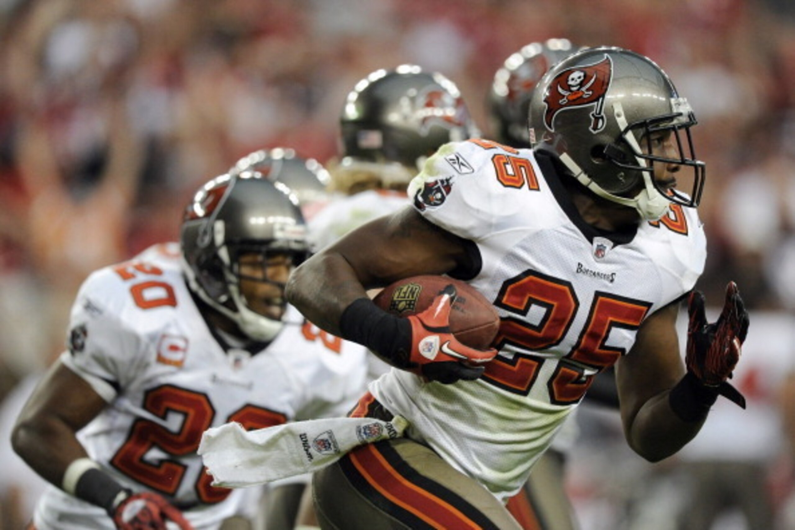GLENDALE, AZ - OCTOBER 31:  Aqib Talib #25 of the Tampa Bay Buccaneers reacts to his interception against the Arizona Cardinals during the fourth quarter at University of Phoenix Stadium on October 31, 2010 in Glendale, Arizona.  (Photo by Harry How/Getty