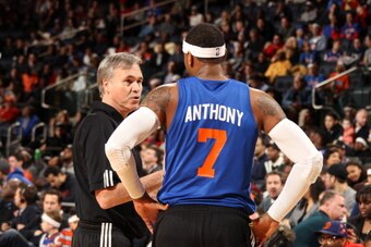 NEW YORK, NY - DECEMBER 18: Head Coach Mike D'Antoni and Carmelo Anthony #7 of the New York Knicks during the New York Knicks open practice on December 18, 2011 at Madison Square Garden in New York City.  NOTE TO USER: User expressly acknowledges and agre
