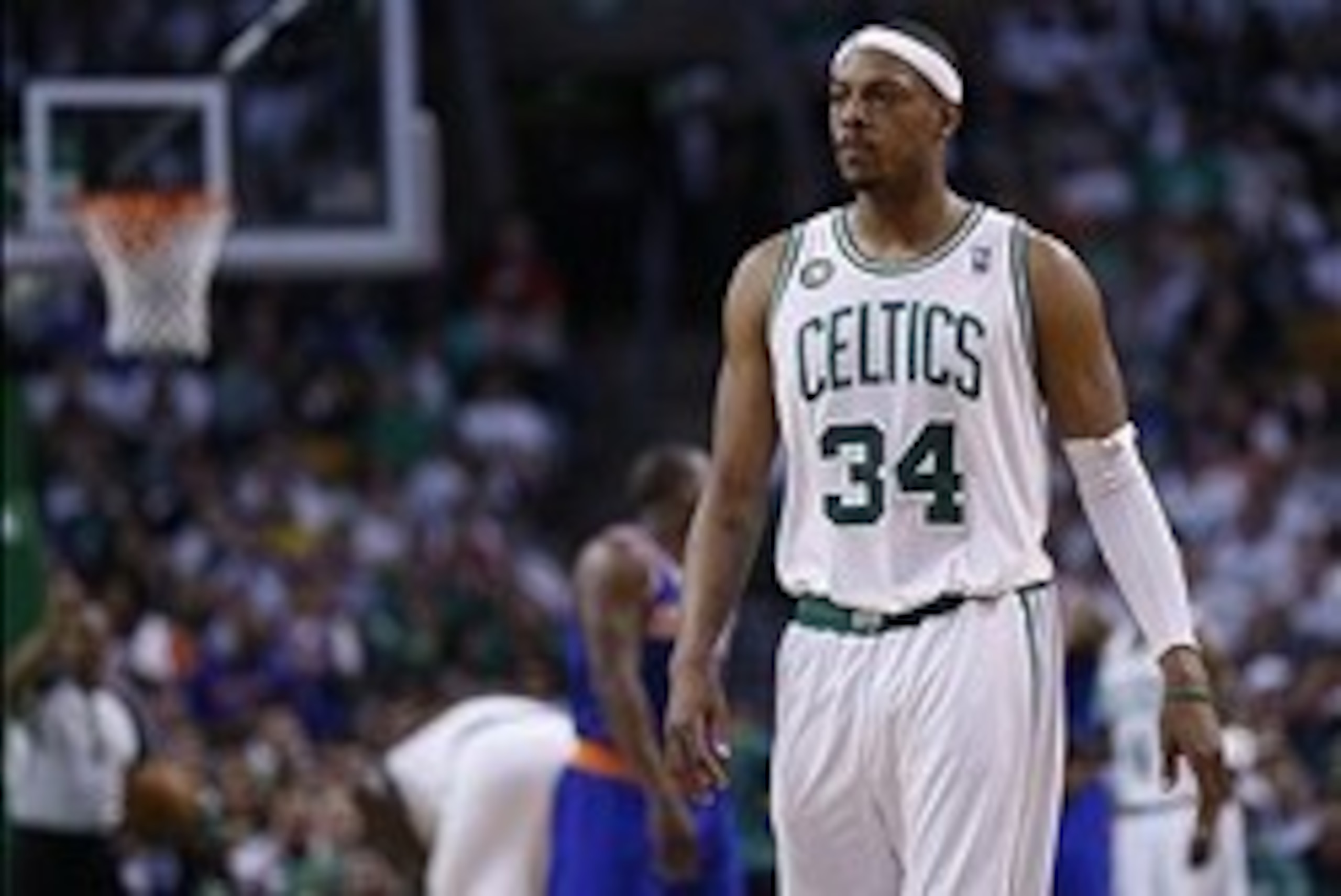 Apr 26, 2013; Boston, MA, USA; Boston Celtics small forward Paul Pierce (34) walks off the court during the third quarter of game three of the first round of the 2013 NBA playoffs against the New York Knicks at TD Garden. Mandatory Credit: Greg M. Cooper-