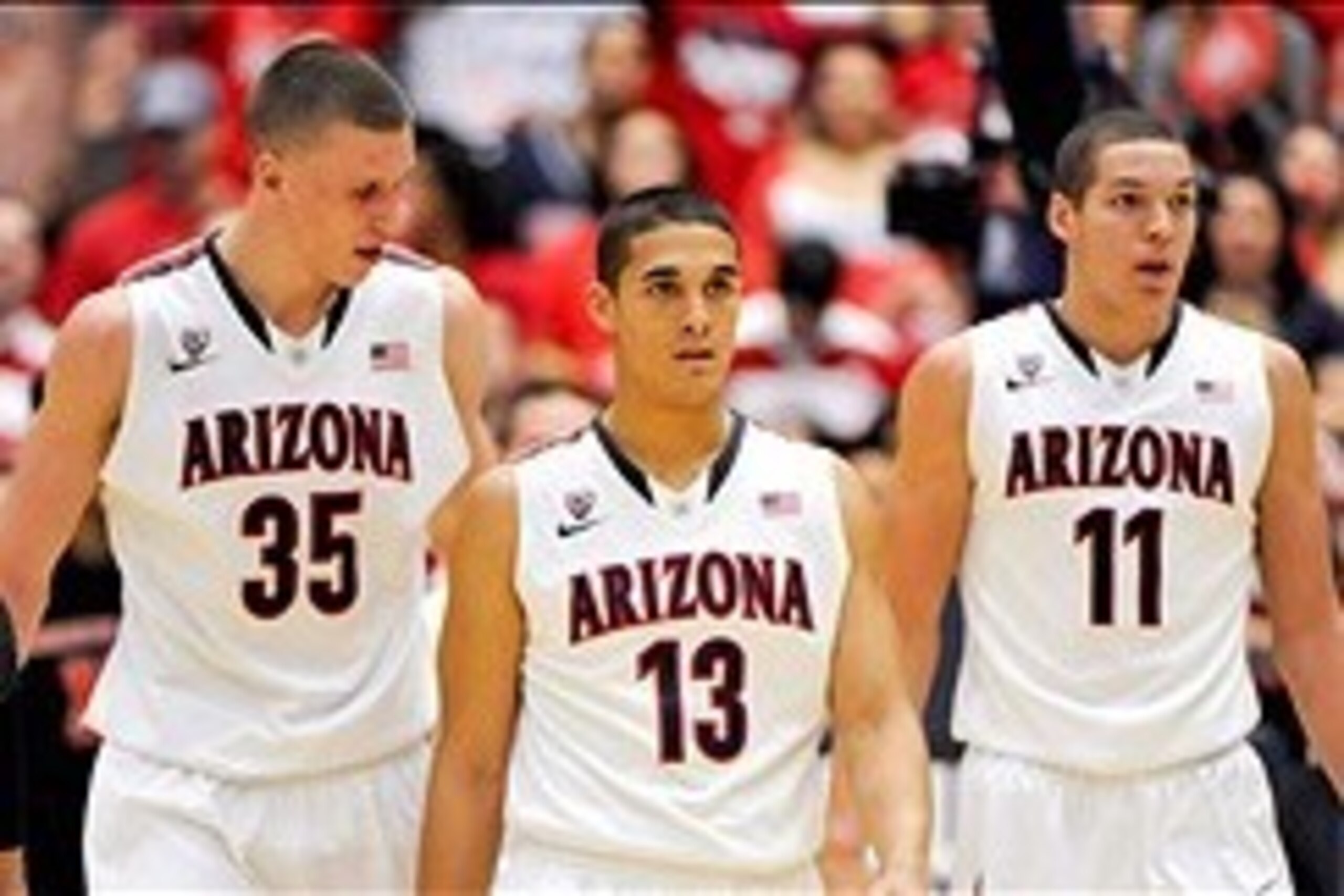 Feb 9, 2014; Tucson, AZ, USA; Arizona Wildcats center Kaleb Tarczewski (35) guard Nick Johnson (13) and forward Aaron Gordon (11) walk on the court during the first half against the Oregon State Beavers at McKale Center. Arizona won 76-54. Mandatory Credi