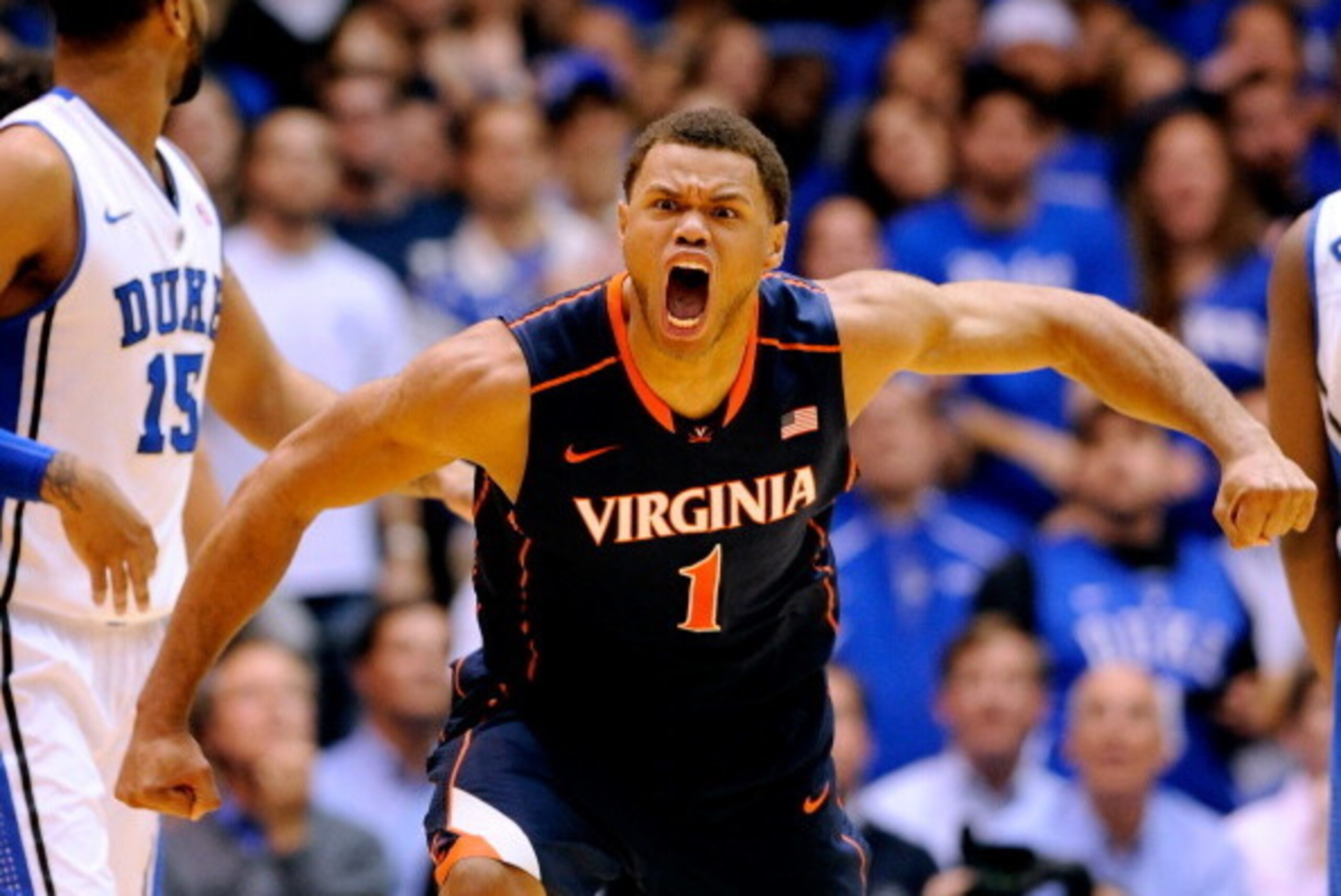 DURHAM, NC - JANUARY 13:  Justin Anderson #1 of the Virginia Cavaliers reacts during  game against the Duke Blue Devils at Cameron Indoor Stadium on January 13, 2014 in Durham, North Carolina. Duke won 69-65.  (Photo by Grant Halverson/Getty Images)