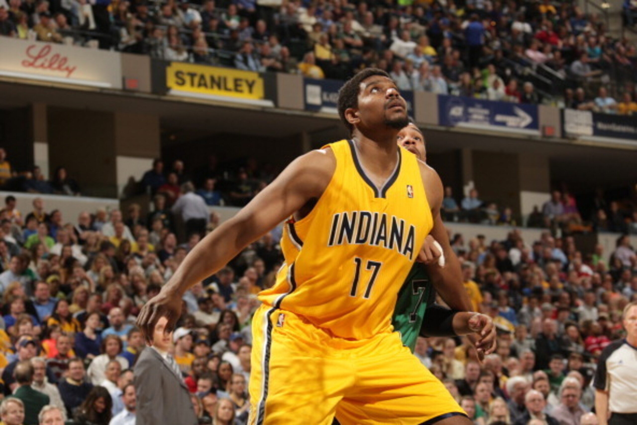 INDIANAPOLIS - MARCH 11: Andrew Bynum #17 of the Indiana Pacers boxes out against the Boston Celtics at Bankers Life Fieldhouse on March 11, 2014 in Indianapolis, Indiana.  NOTE TO USER: User expressly acknowledges and agrees that, by downloading and or u