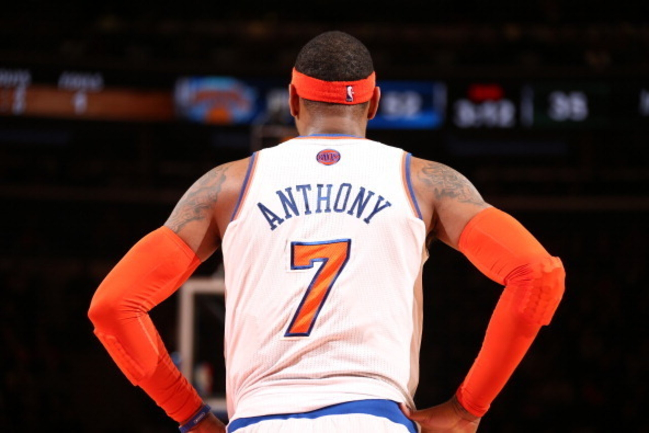 NEW YORK, NY - MARCH 7: Carmelo Anthony #7 of the New York Knicks stands on the court during a game against the Utah Jazz on March 7, 2014.  NOTE TO USER: User expressly acknowledges and agrees that, by downloading and or using this photograph, User is co