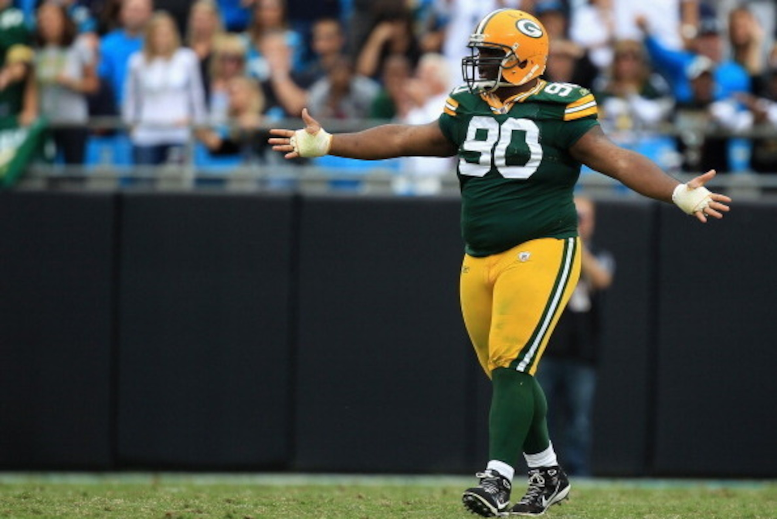 CHARLOTTE, NC - SEPTEMBER 18:  B.J. Raji #90 of the Green Bay Packers during their game against the Carolina Panthers at Bank of America Stadium on September 18, 2011 in Charlotte, North Carolina.  (Photo by Streeter Lecka/Getty Images)