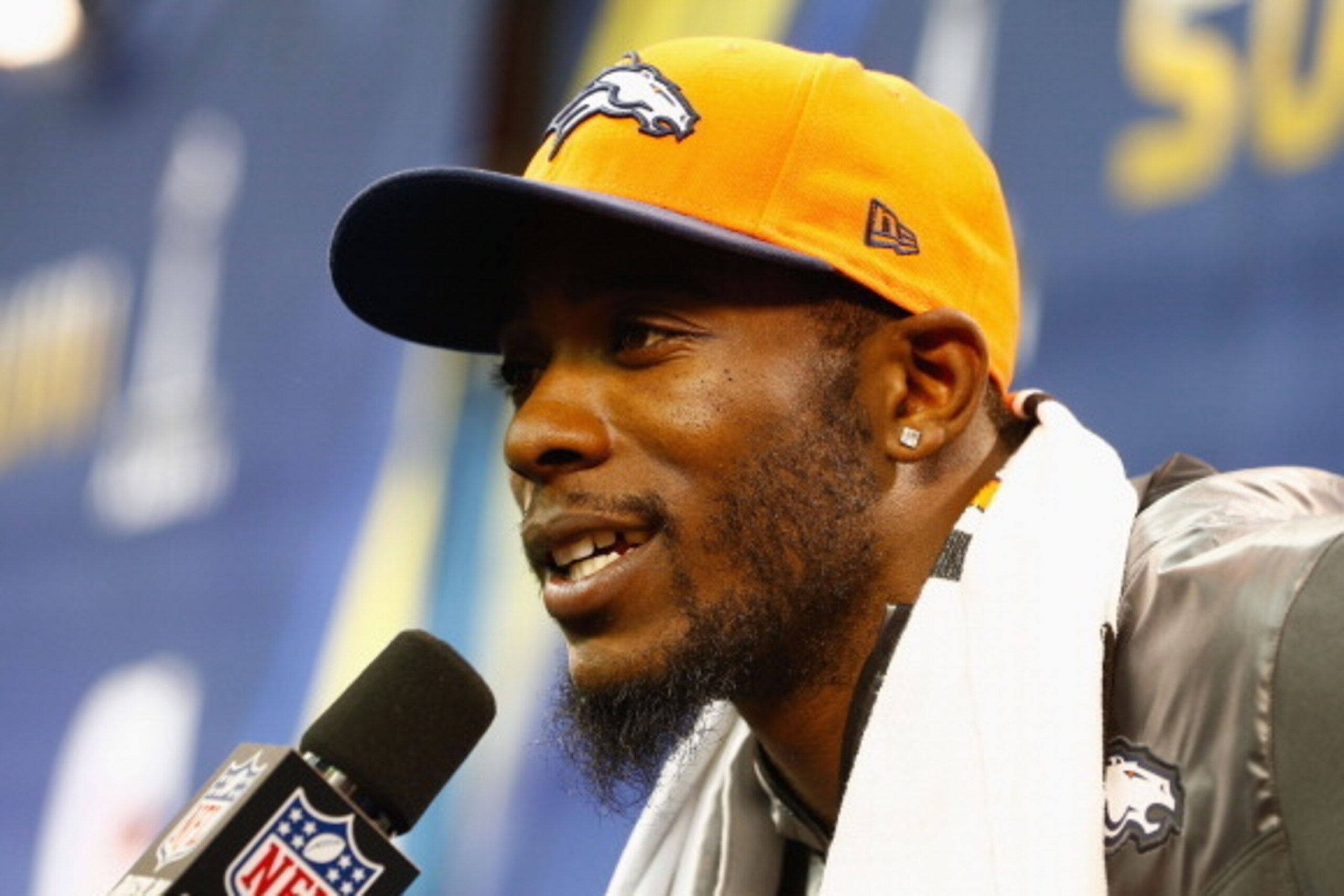 NEWARK, NJ - JANUARY 28: Cornerback Dominique Rodgers-Cromartie #45 of the Denver Broncos speaks to the media during Super Bowl XLVIII Media Day at the Prudential Center on January 28, 2014 in Newark, New Jersey. Super Bowl XLVIII will be played between NEWARK, NJ - JANUARY 28: Cornerback Dominique Rodgers-Cromartie #45 of the Denver Broncos speaks to the media during Super Bowl XLVIII Media Day at the Prudential Center on January 28, 2014 in Newark, New Jersey. Super Bowl XLVIII will be played between