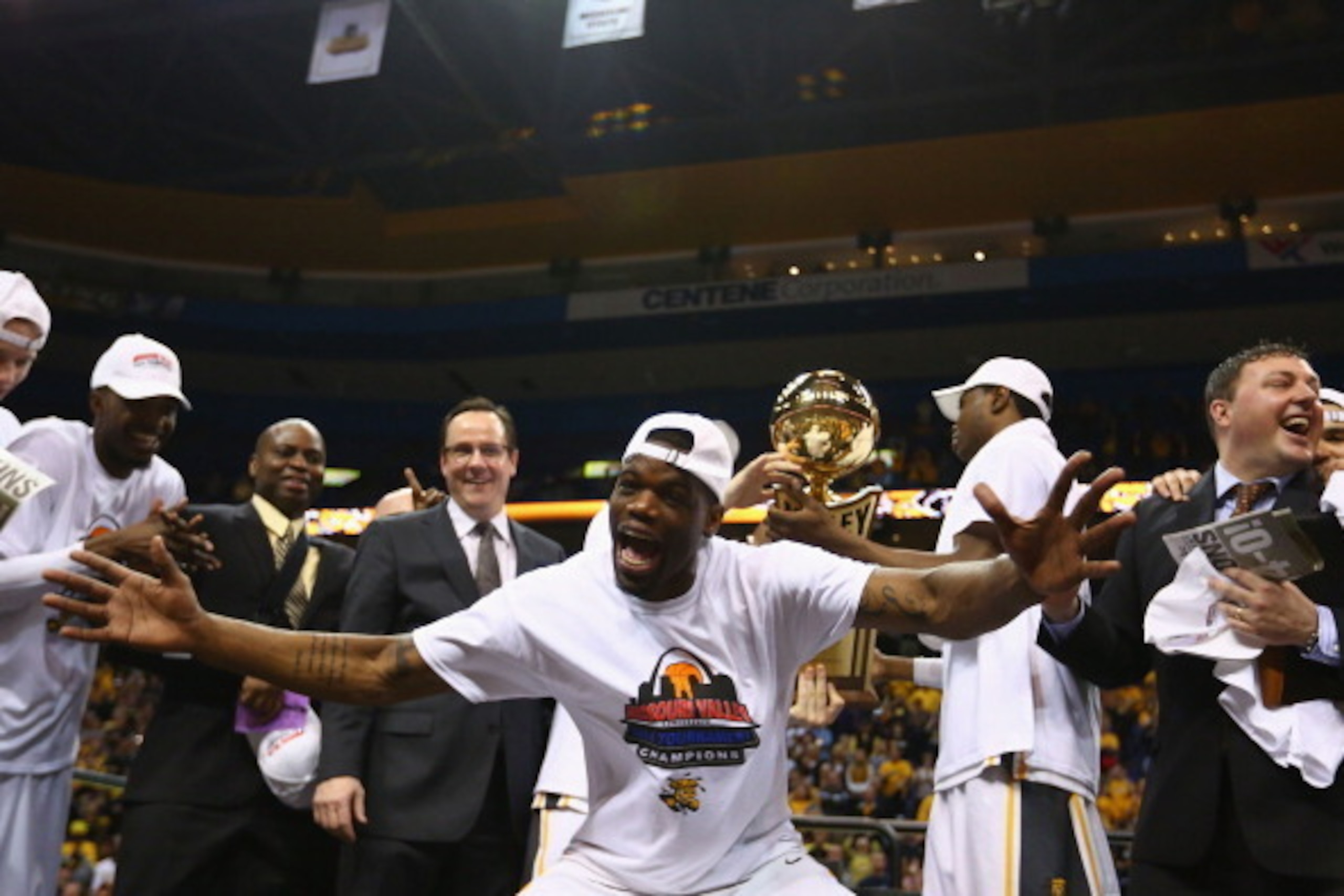 ST. LOUIS, MO - MARCH 9: Chadrack Lufile #0 of the Wichita State Shockers celebrates after beating the Indiana State Sycamores in the MVC Basketball Tournament Championship game at the Scottrade Center on March 9, 2014 in St. Louis, Missouri.  The Shocker