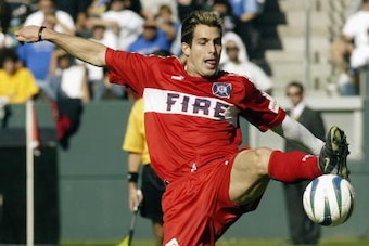CARSON, CA - NOVEMBER 23:  Defender Carlos Bocanegra #4 of the Chicago Fire controls the ball against the San Jose Earthquakes during the MLS Cup at the Home Depot Center on November 23, 2003 in Carson, California.  The Earthquake defeated the Fire 4-2.  