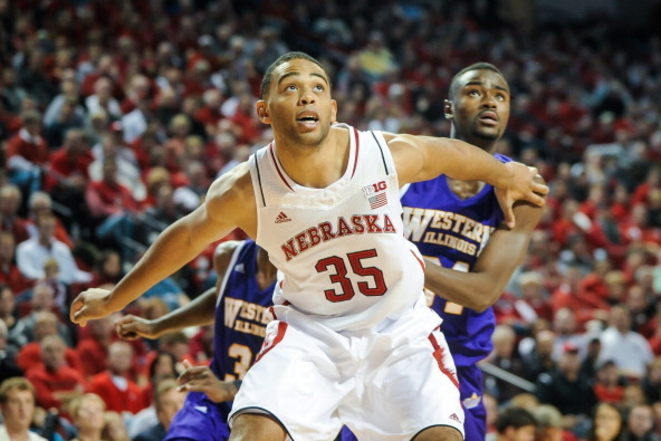 LINCOLN, NE - NOVEMBER 12: Walter Pitchford #35 of the Nebraska Cornhuskers works for a rebound during their game against the Western Illinois Leathernecks at Pinnacle Bank Arena on November 12, 2013 in Lincoln, Nebraska. (Photo by Eric Francis/Getty Imag