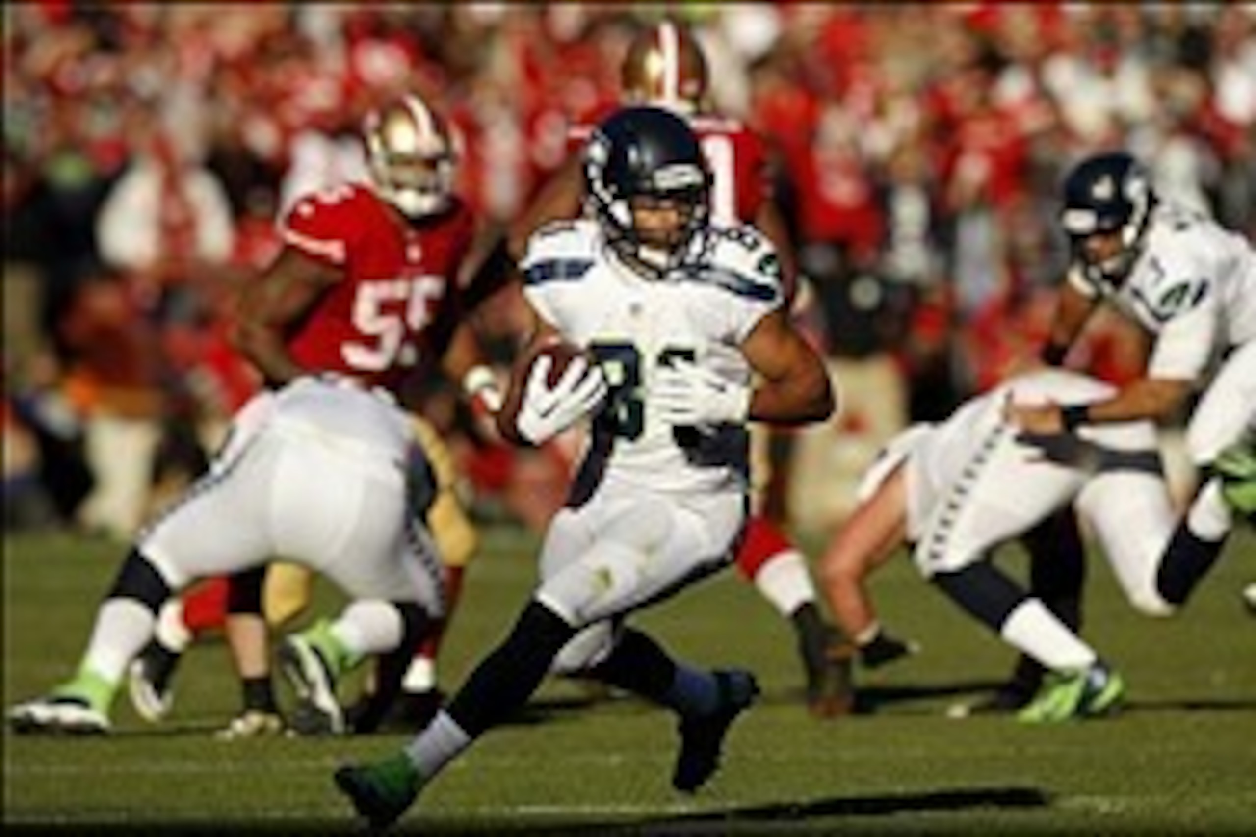 Dec 8, 2013; San Francisco, CA, USA; Seattle Seahawks wide receiver Golden Tate (81) runs with the ball after making a catch against the San Francisco 49ers in the second quarter at Candlestick Park. Mandatory Credit: Cary Edmondson-USA TODAY Sports