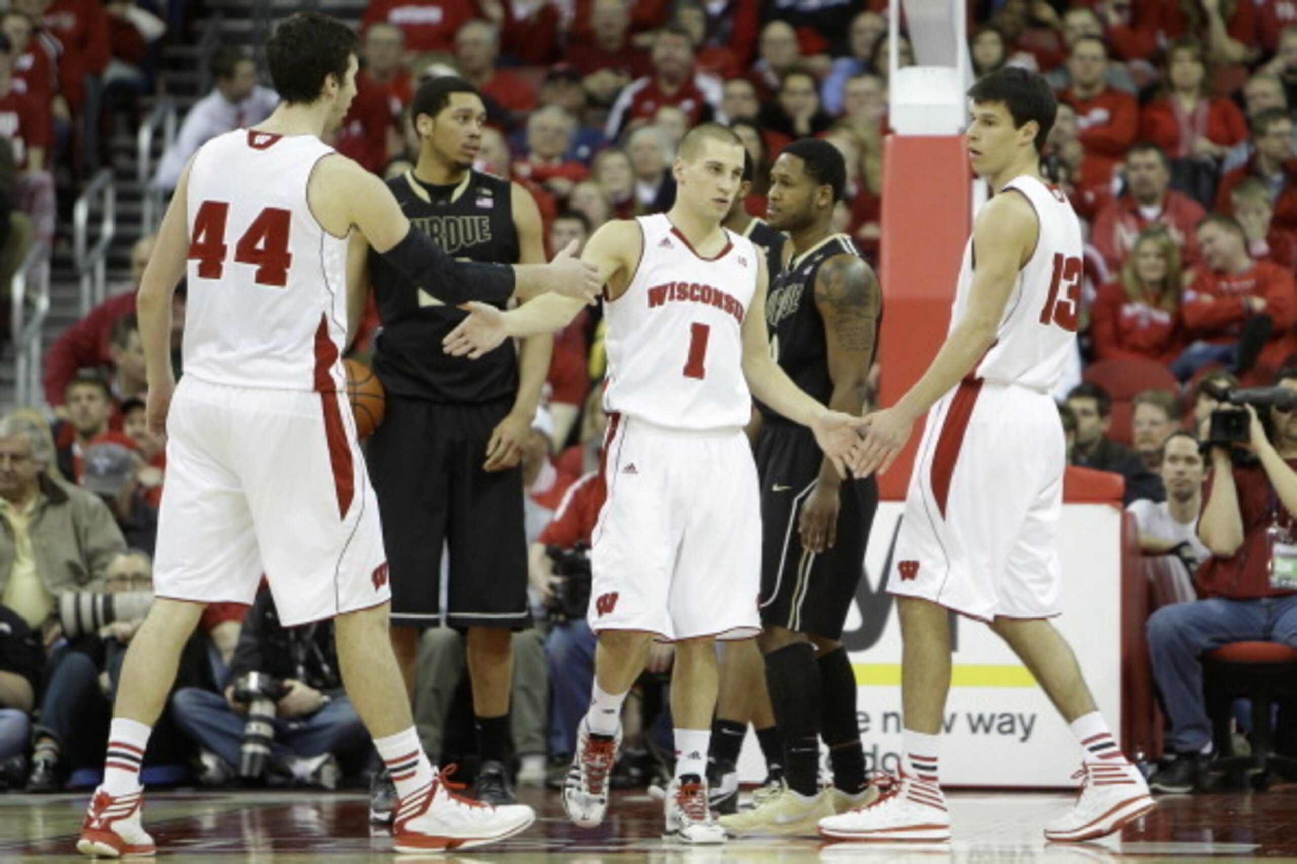 MADISON, WI - MARCH 05: Ben Brust #1 of the Wisconsin Badgers celebrates after drawing a foul during the game against the Purdue Boilermakers at Kohl Center on March 05, 2014 in Madison, Wisconsin. (Photo by Mike McGinnis/Getty Images)