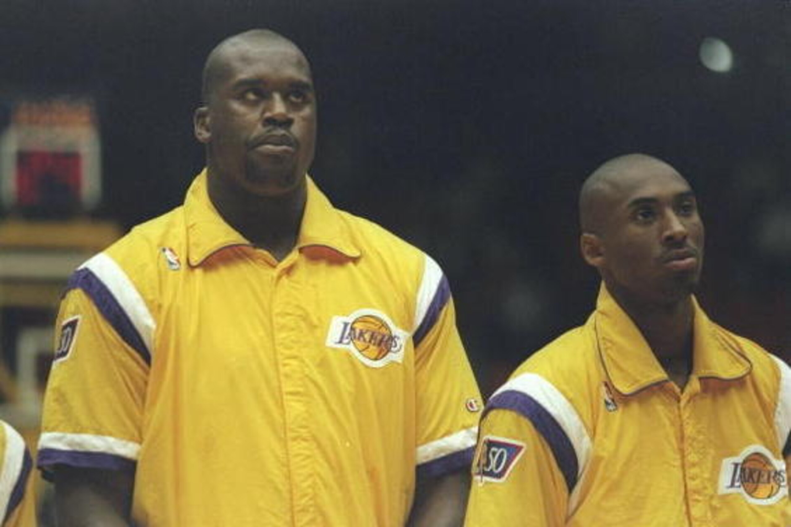 1 Nov 1996:  Los Angeles Lakers center Shaquille O''Neal (left) and guard Kobe Bryant look on during a game against the Phoenix Suns at the Great Western Forum in Inglewood, California.  The Lakers won the game, 96-82.    Mandatory Credit: Jed Jacobsohn  