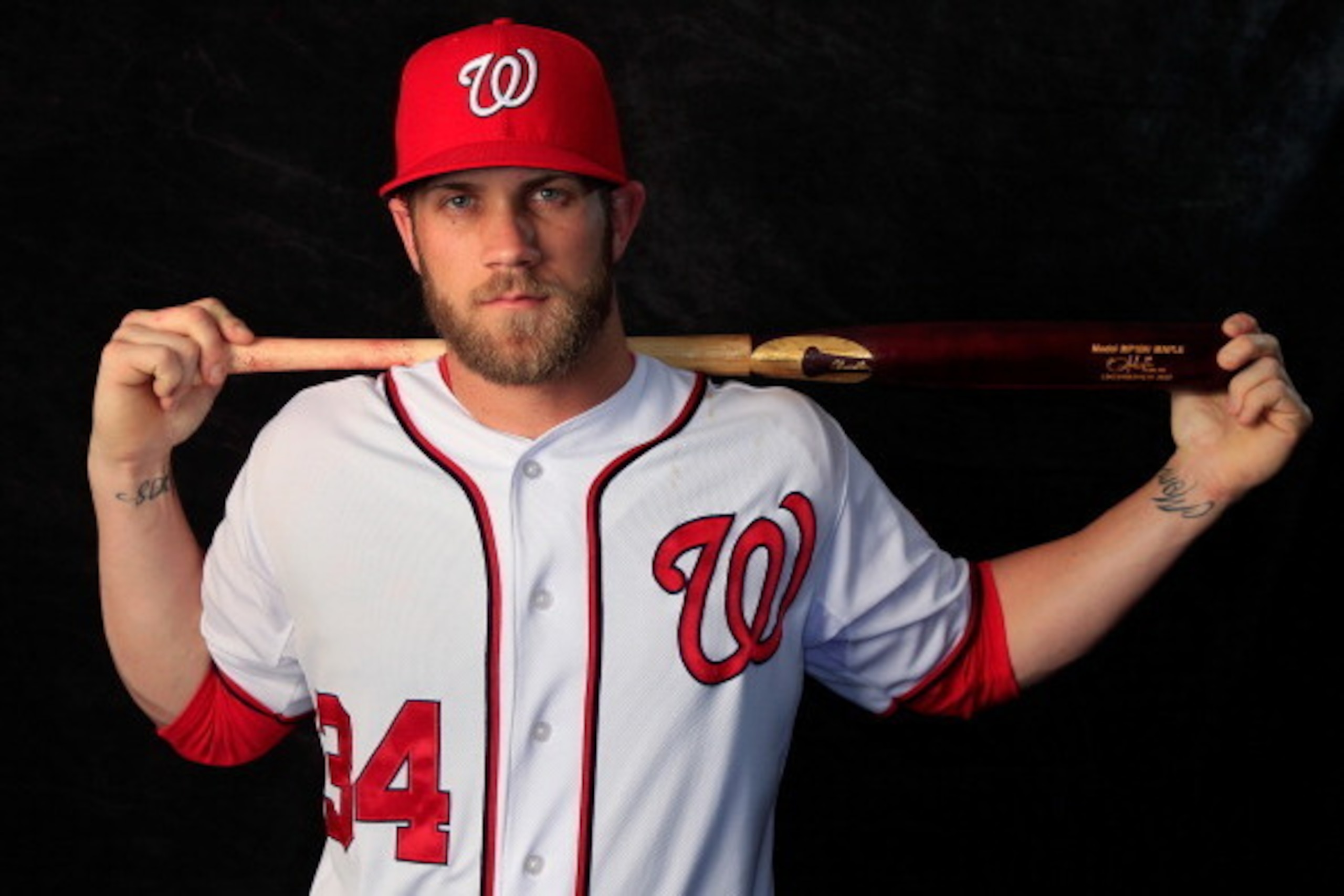 VIERA, FL - FEBRUARY 23:  Bryce Harper #34 of the Washington Nationals poses for a portrait during photo day at Space Coast Stadium on February 23, 2014 in Viera, Florida.  (Photo by Rob Carr/Getty Images)