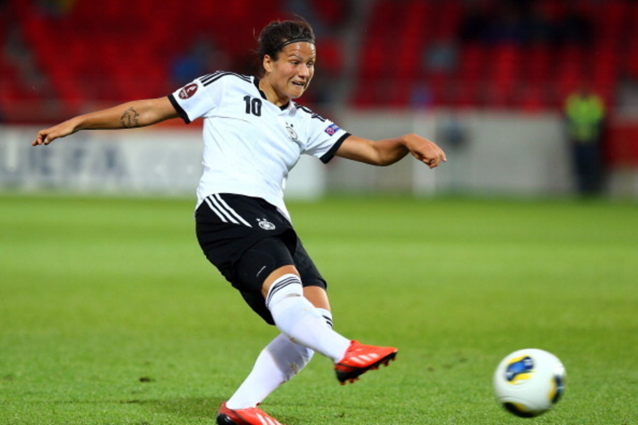 VAXJO, SWEDEN - JULY 14:  Dzsenifer Marozsan of Germany runs with the ball during the UEFA Women's Euro 2013 group B match between Iceland and Germany at Vaxjo Arena on July 14, 2013 in Vaxjo, Sweden.  (Photo by Martin Rose/Getty Images)