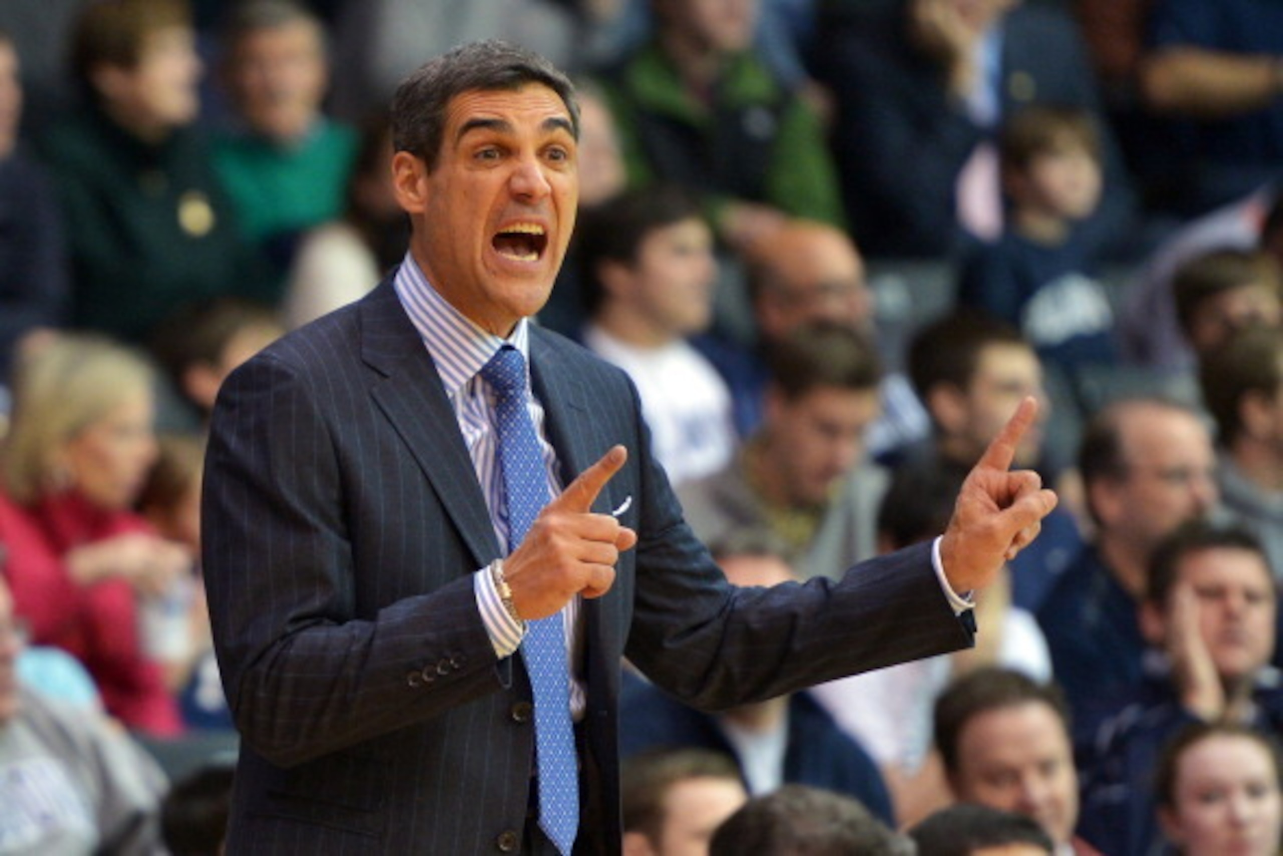 VILLANOVA, PA - FEBRUARY 07: Head coach Jay Wright of the Villanova Wildcats reacts during the game against the Seton Hall Pirates at The Pavilion on February 7, 2014 in Villanova, Pennsylvania.  (Photo by Drew Hallowell/Getty Images)