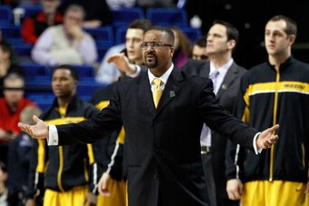 LEXINGTON, KY - MARCH 21:  Head coach Frank Haith of the Missouri Tigers reacts against the Colorado State Rams during the second round of the 2013 NCAA Men's Basketball Tournament at the Rupp Arena on March 21, 2013 in Lexington, Kentucky.  (Photo by Kev