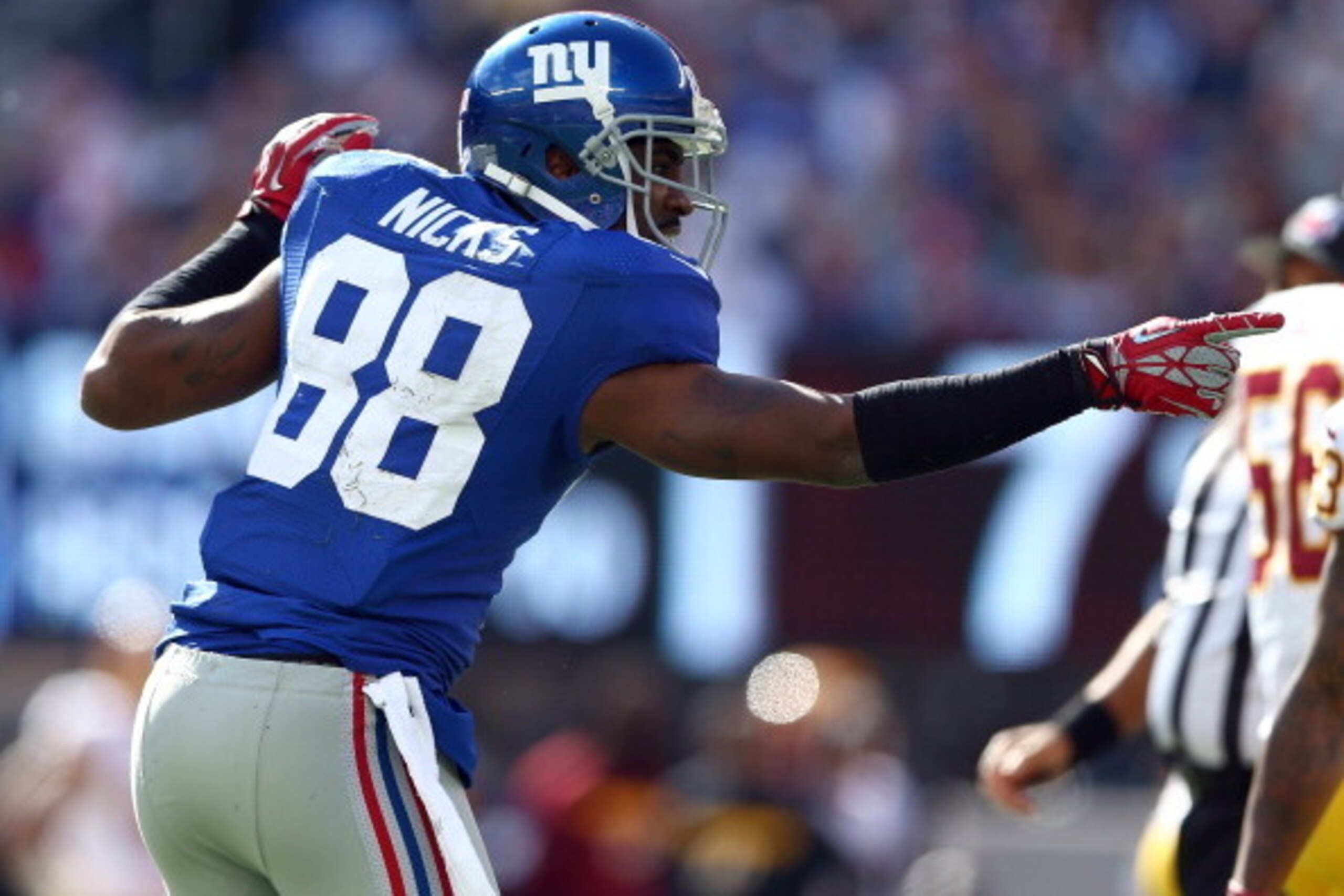 EAST RUTHERFORD, NJ - OCTOBER 21: Hakeem Nicks #88 of the New York Giants celebrates the first down in the second quarter against the Washington Redskins on October 21, 2012 at MetLife Stadium in East Rutherford, New Jersey. (Photo by Elsa/Getty Image EAST RUTHERFORD, NJ - OCTOBER 21: Hakeem Nicks #88 of the New York Giants celebrates the first down in the second quarter against the Washington Redskins on October 21, 2012 at MetLife Stadium in East Rutherford, New Jersey. (Photo by Elsa/Getty Image