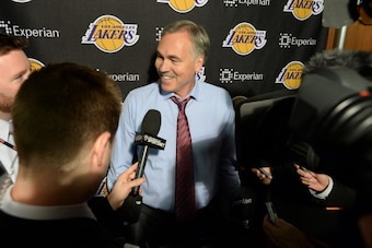 LOS ANGELES, CA - MARCH 9:  Mike D'Antoni of the Los Angeles Lakers speaks to the media before a game against the Oklahoma City Thunder at STAPLES Center on March 9, 2014 in Los Angeles, California. NOTE TO USER: User expressly acknowledges and agrees tha