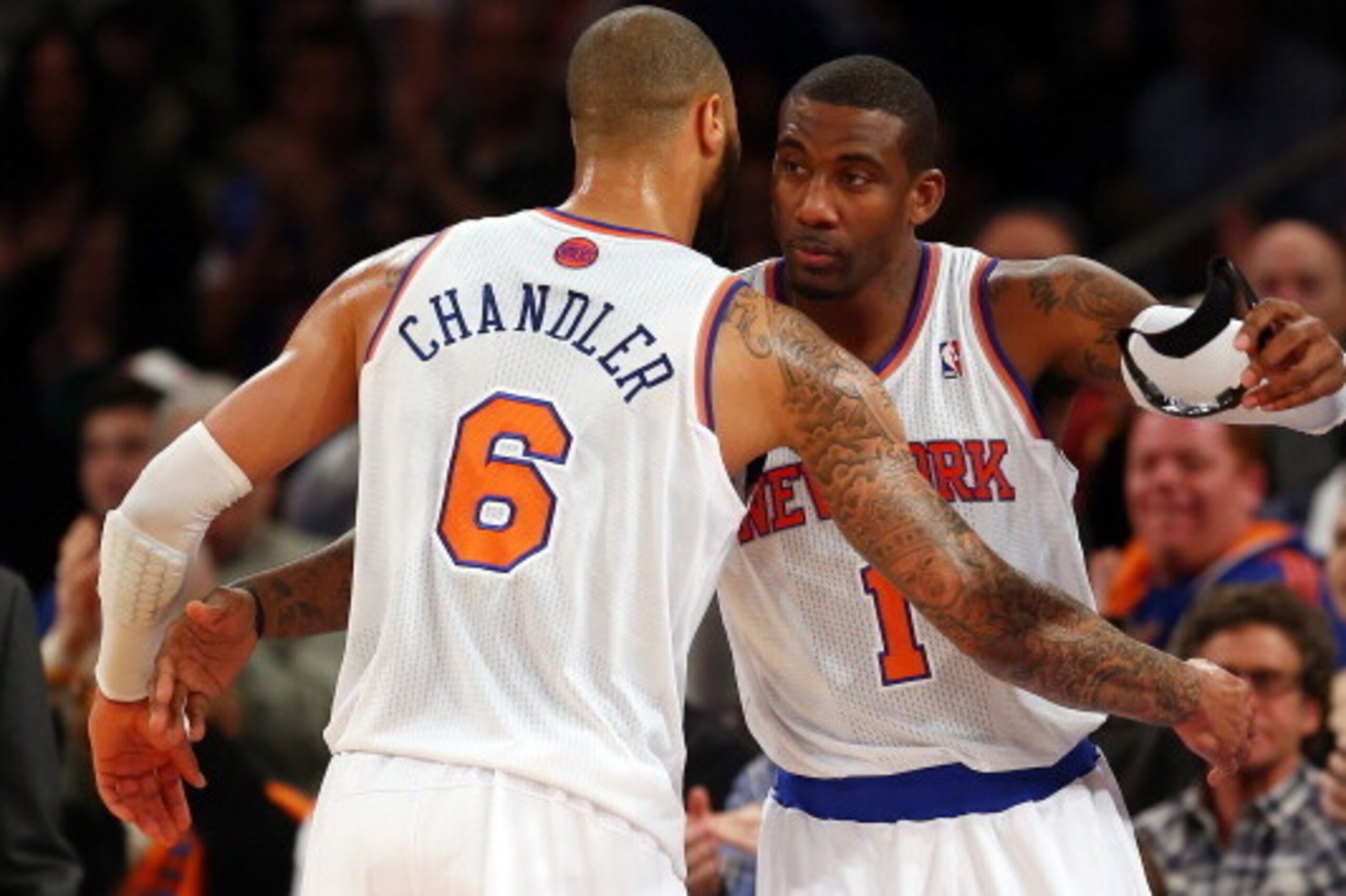 NEW YORK, NY - JANUARY 01: Amar'e Stoudemire #1 of the New York Knicks goes into the game for teammate Tyson Chandler #6 in the first quarter against the Portland Trail Blazers on January 1, 2013 at Madison Square Garden in New York City. NOTE TO USER: Us NEW YORK, NY - JANUARY 01: Amar'e Stoudemire #1 of the New York Knicks goes into the game for teammate Tyson Chandler #6 in the first quarter against the Portland Trail Blazers on January 1, 2013 at Madison Square Garden in New York City. NOTE TO USER: Us