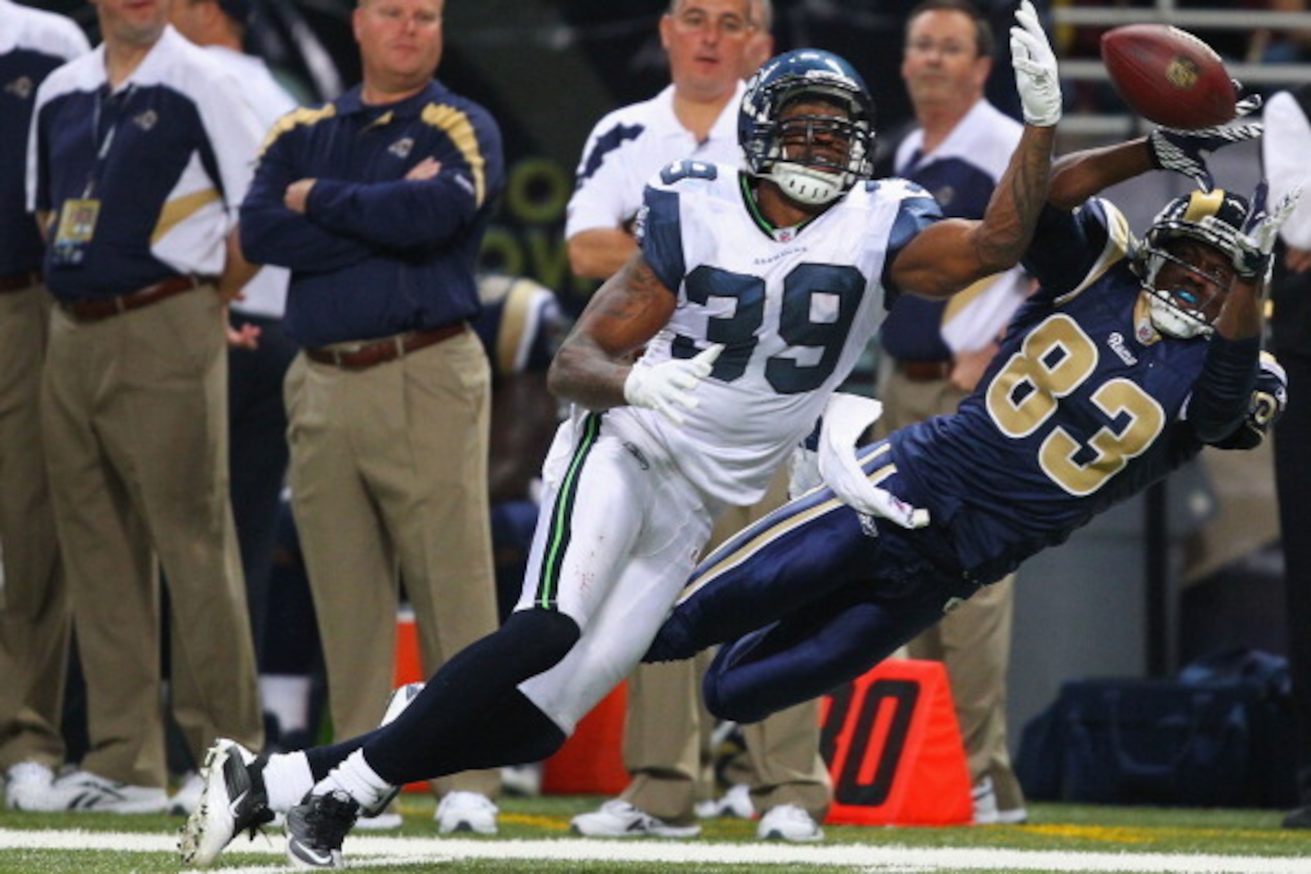 ST. LOUIS, MO - NOVEMBER 20: Brandon Browner #39 of the Seattle Seahawks breaks up a pass intended for Brandon Lloyd #83 of the St. Louis Rams at the Edward Jones Dome on November 20, 2011 in St. Louis, Missouri.  The Seahawks beat the Rams 24-7.  (Photo 