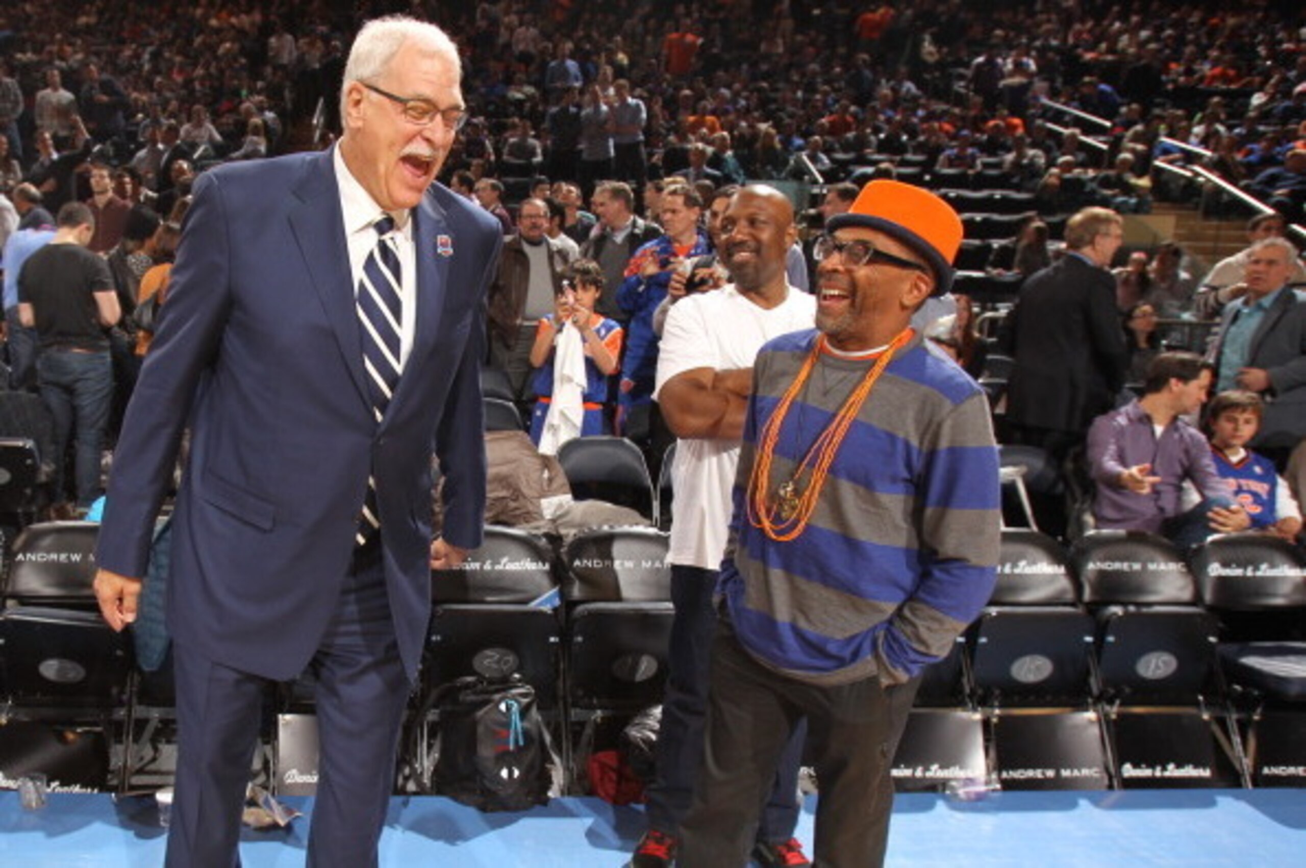 NEW YORK, NY - April 5: Phil Jackson and Spike Lee share a laugh before the game between the New York Knicks and the Milwaukee Bucks on April 5, 2013 at Madison Square Garden in New York City. NOTE TO USER: User expressly acknowledges and agrees that, by NEW YORK, NY - April 5: Phil Jackson and Spike Lee share a laugh before the game between the New York Knicks and the Milwaukee Bucks on April 5, 2013 at Madison Square Garden in New York City. NOTE TO USER: User expressly acknowledges and agrees that, by
