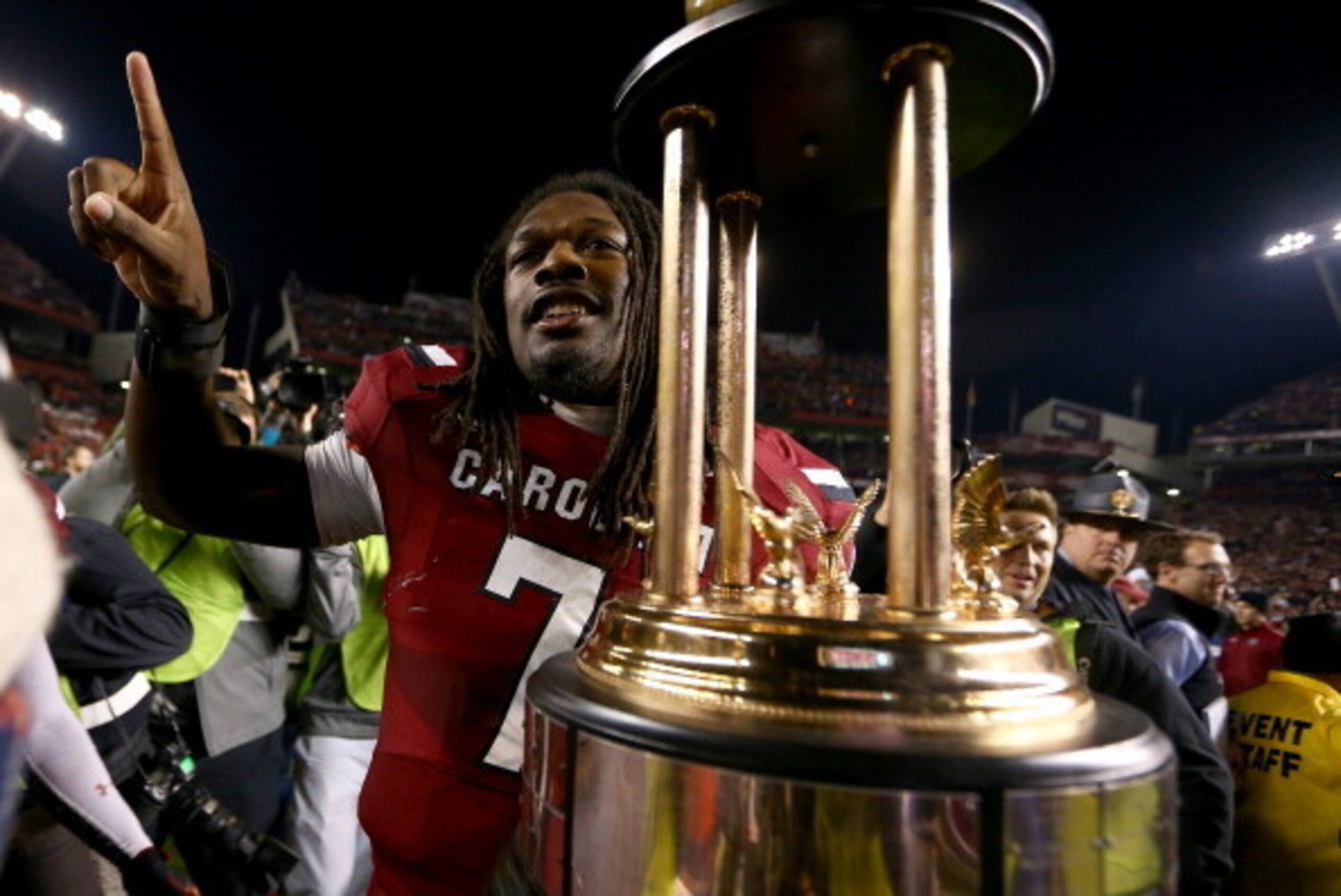 COLUMBIA, SC - NOVEMBER 30:  Jadeveon Clowney #7 of the South Carolina Gamecocks celebrates after defeating the Clemson Tigers 31-17 after their game at Williams-Brice Stadium on November 30, 2013 in Columbia, South Carolina.  (Photo by Streeter Lecka/Get