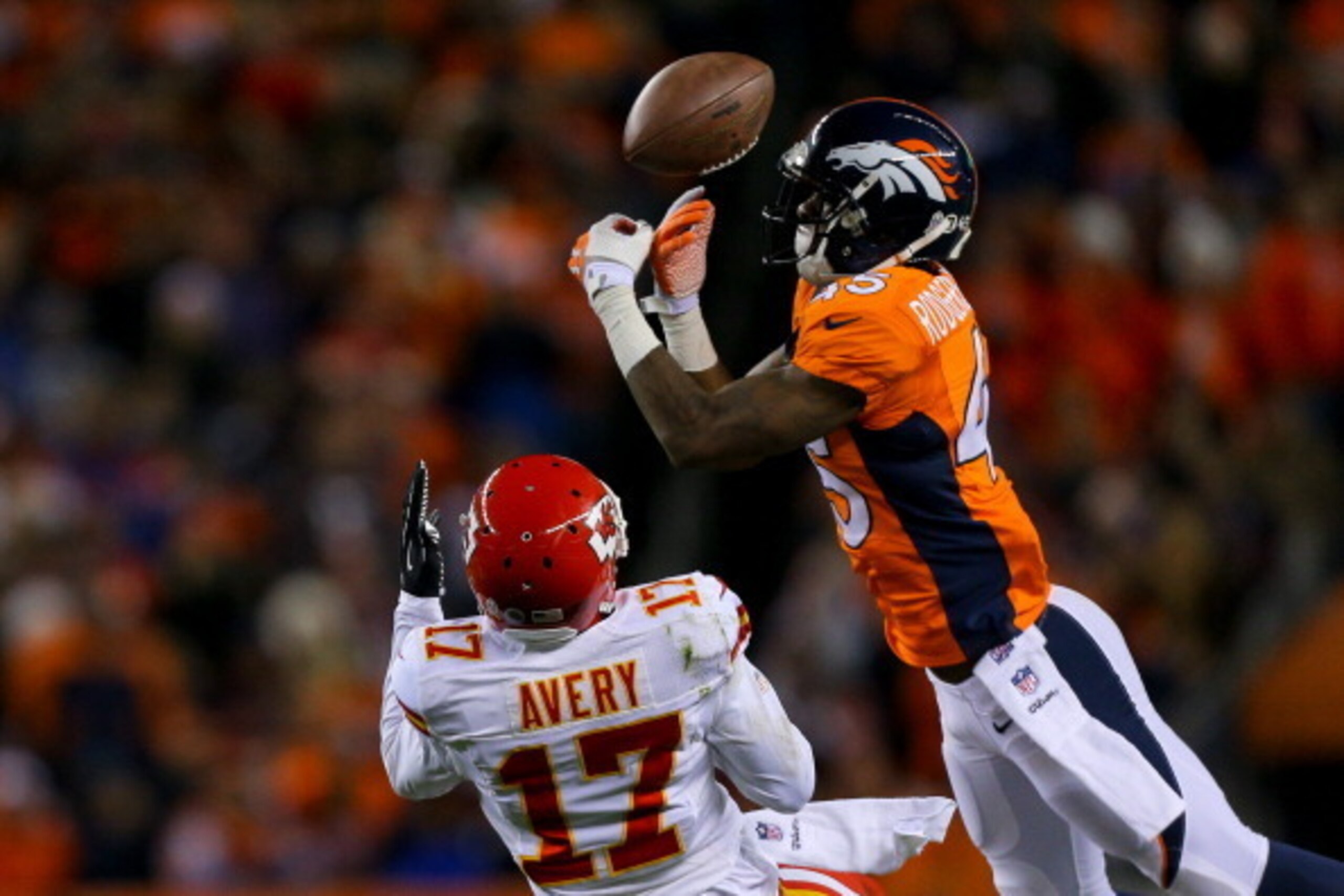 DENVER, CO - NOVEMBER 17: Cornerback Dominique Rodgers-Cromartie #45 of the Denver Broncos breaks up a pass intended for wide receiver Donnie Avery #17 of the Kansas City Chiefs during the third quarter at Sports Authority Field Field at Mile High on Nove