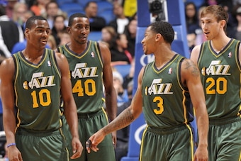 ORLANDO, FL - DECEMBER 18: Alec Burks #10 , Jeremy Evans #40, Trey Burke #3 and Gordon Hayward #20 of the Utah Jazz look on against the Orlando Magic during the game on December 18, 2013 at Amway Center in Orlando, Florida. NOTE TO USER: User expressly ac