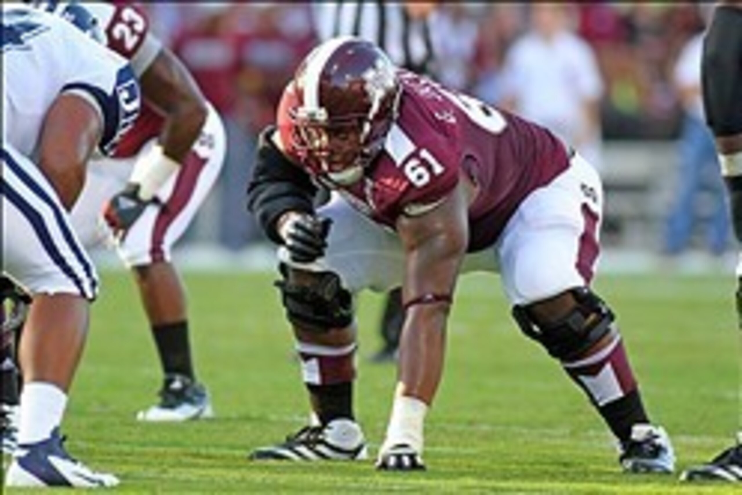 Sept 1, 2012; Starkville, MS, USA;  Mississippi State Bulldogs offensive linesman Gabe Jackson (61) during the game against the Jackson State Tigers at Davis Wade Stadium.  Mississippi State Bulldogs defeated the Jackson State Tigers 56-9.  Mandatory Cred
