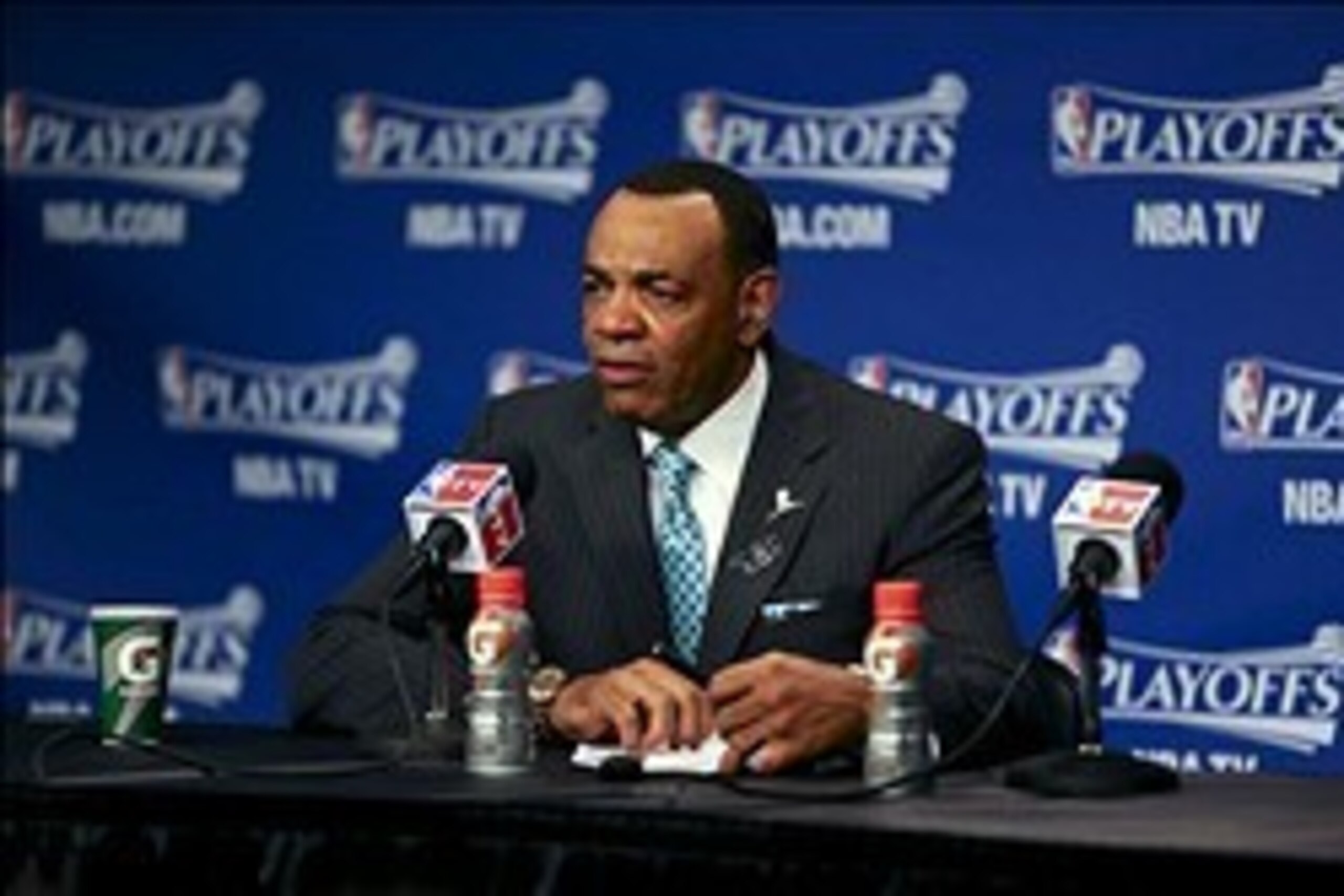 May 13, 2013; Memphis, TN, USA; Memphis Grizzlies head coach Lionel Hollins during the post game interview of game four of the second round of the 2013 NBA Playoffs against the Oklahoma City Thunder at FedEx Forum.  Memphis Grizzlies defeat the Oklahoma C