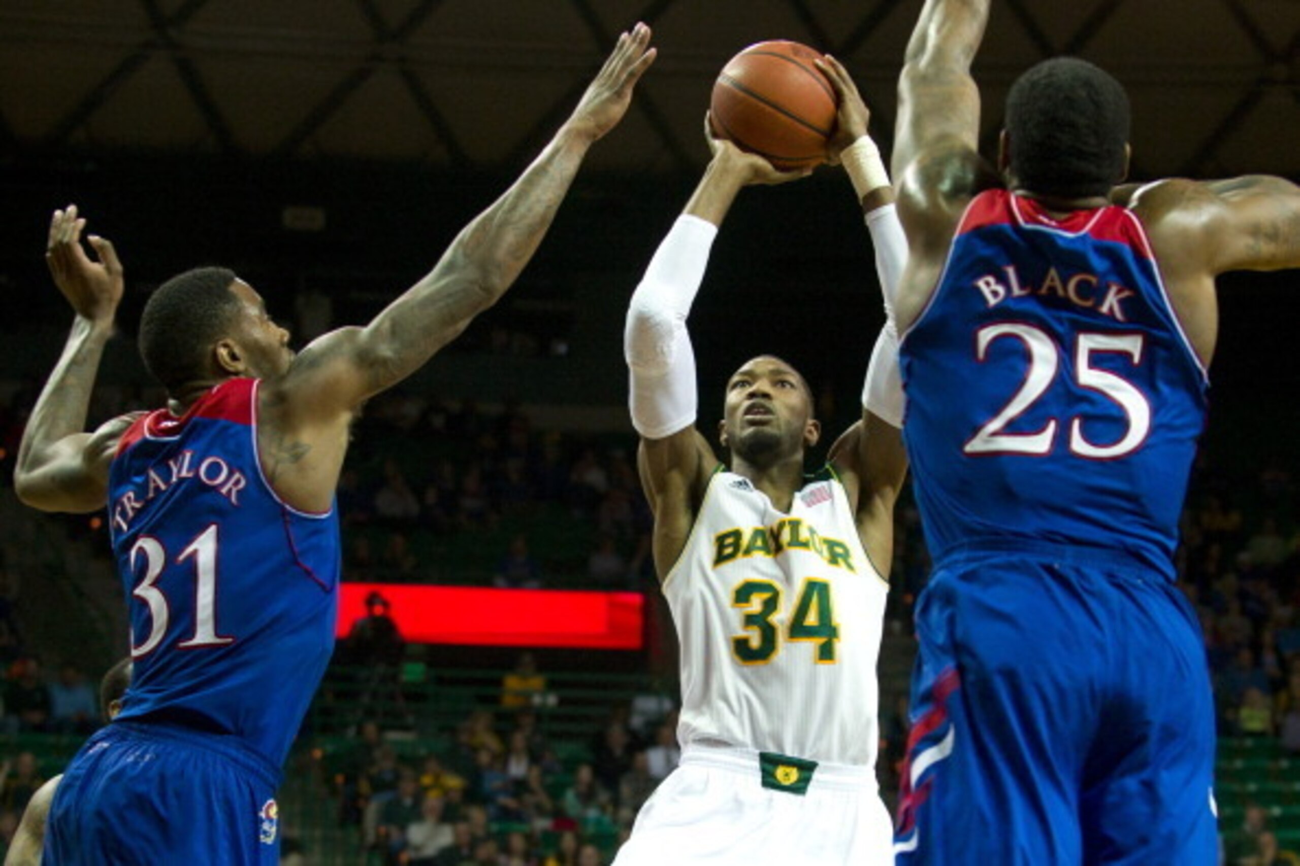 WACO, TX - FEBRUARY 04:  Cory Jefferson #34 of the Baylor Bears shoots the ball over the Kansas Jayhawks on February 4, 2014 at the Ferrell Center in Waco, Texas.  (Photo by Cooper Neill/Getty Images)