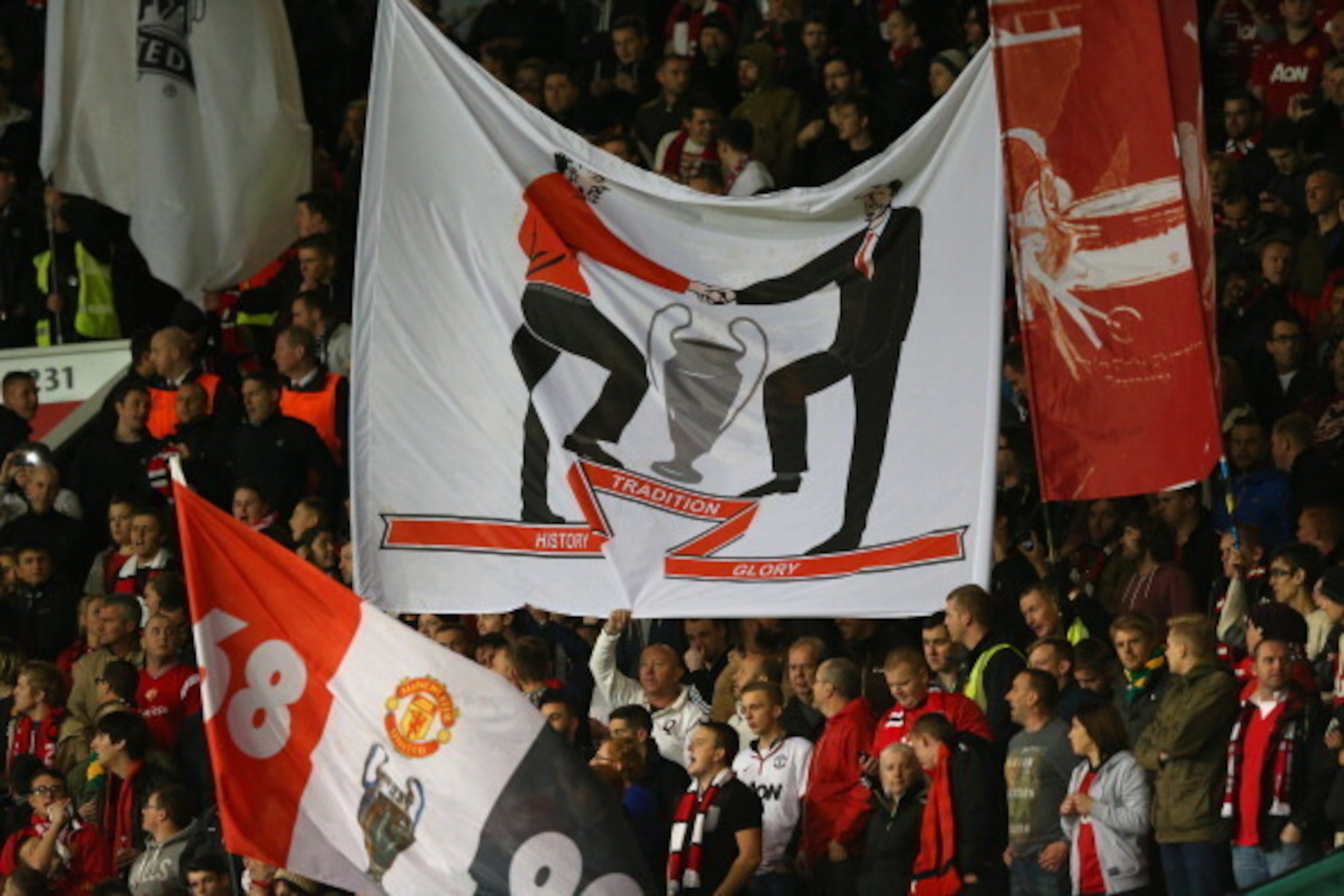 MANCHESTER, ENGLAND - OCTOBER 23:  General View of the dedicated singing section for home fans during the UEFA Champions League Group A match between Manchester United and Real Sociedad at Old Trafford on October 23, 2013 in Manchester, England.  (Photo b