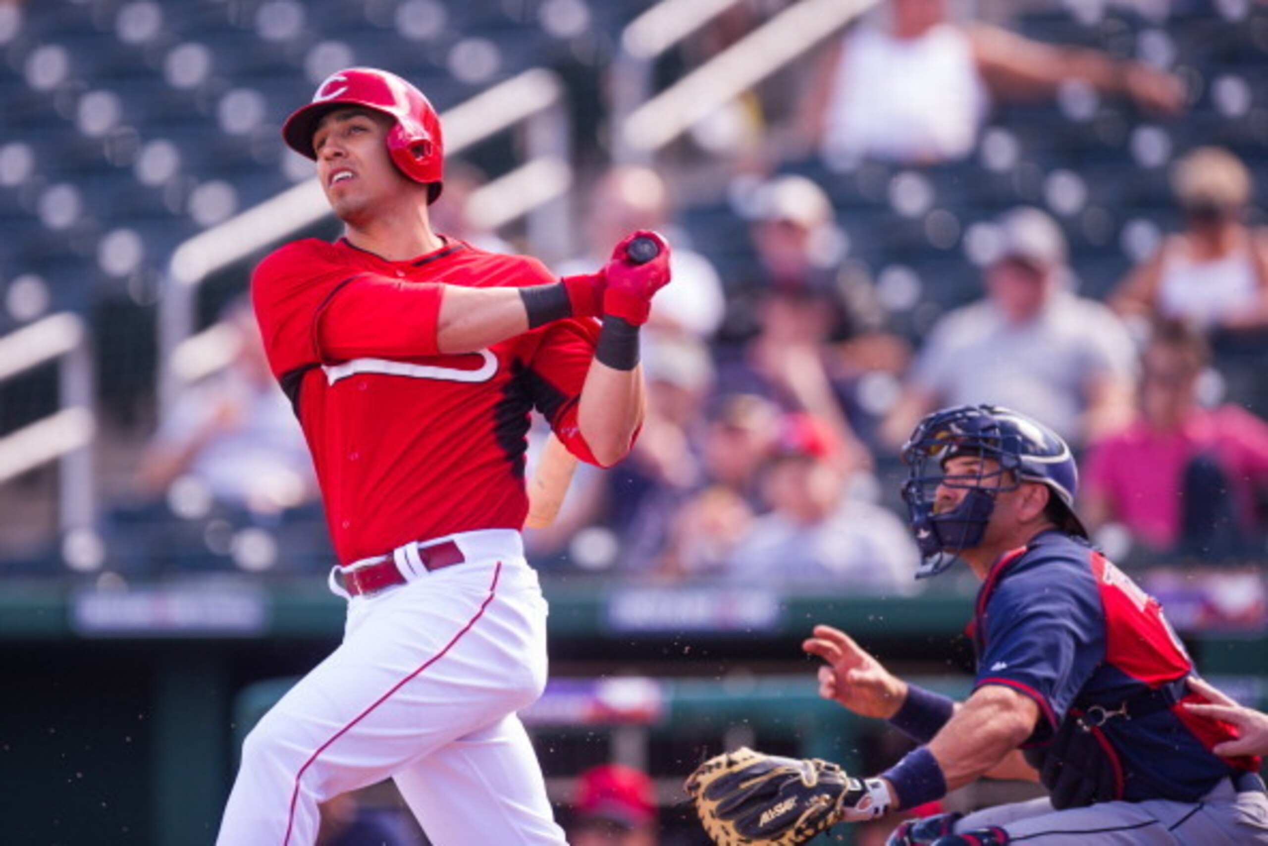 GOODYEAR, AZ - FEBRUARY 27:  Neftali Soto #50 of the Cincinnati Reds bats during a spring training game against the Cleveland Indians/ at Goodyear Ballpark on February 27, 2014 in Goodyear, Arizona. (Photo by Rob Tringali/Getty Images)