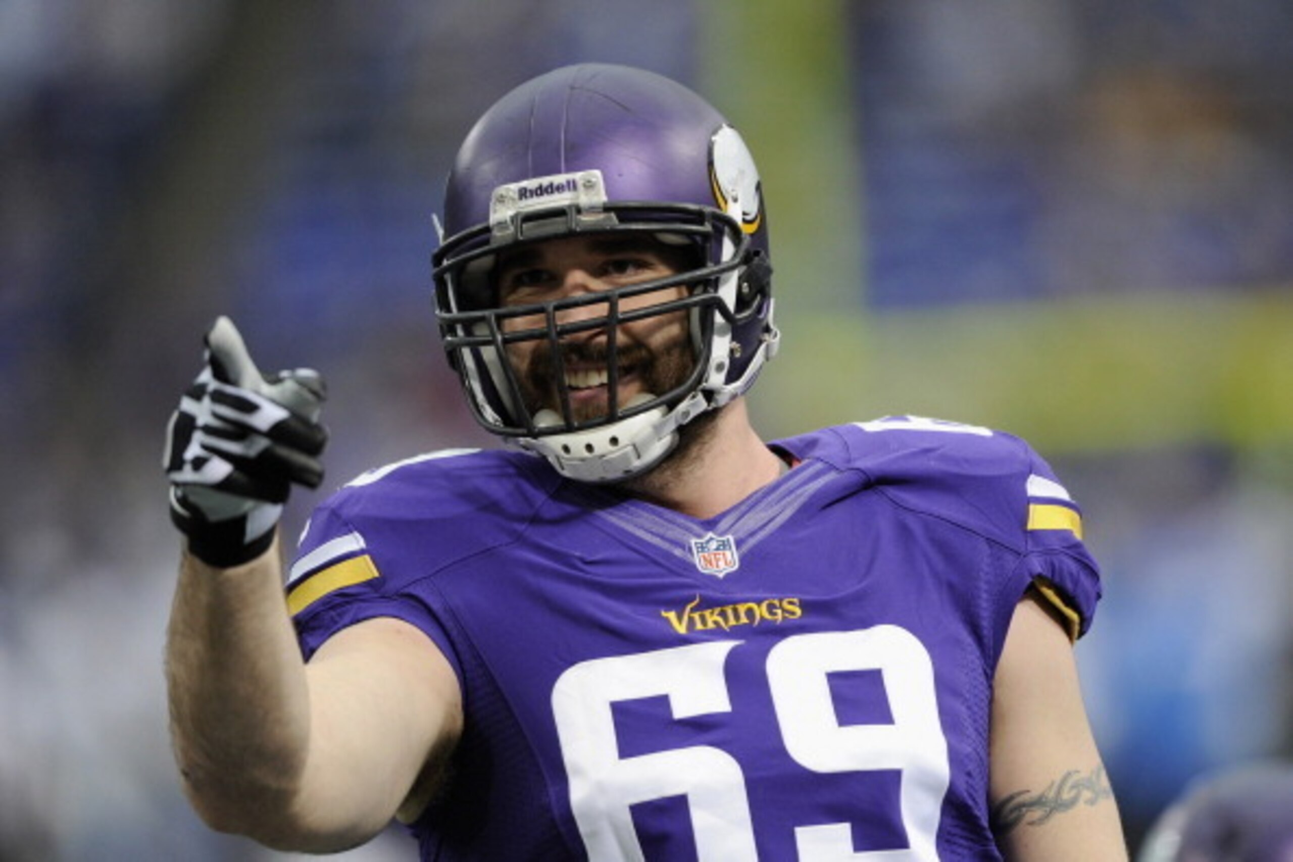 MINNEAPOLIS, MN - DECEMBER 29: Jared Allen #69 of the Minnesota Vikings looks on before the game against the Detroit Lions on December 29, 2013 at Mall of America Field at the Hubert H. Humphrey Metrodome in Minneapolis, Minnesota. (Photo by Hannah Foslie